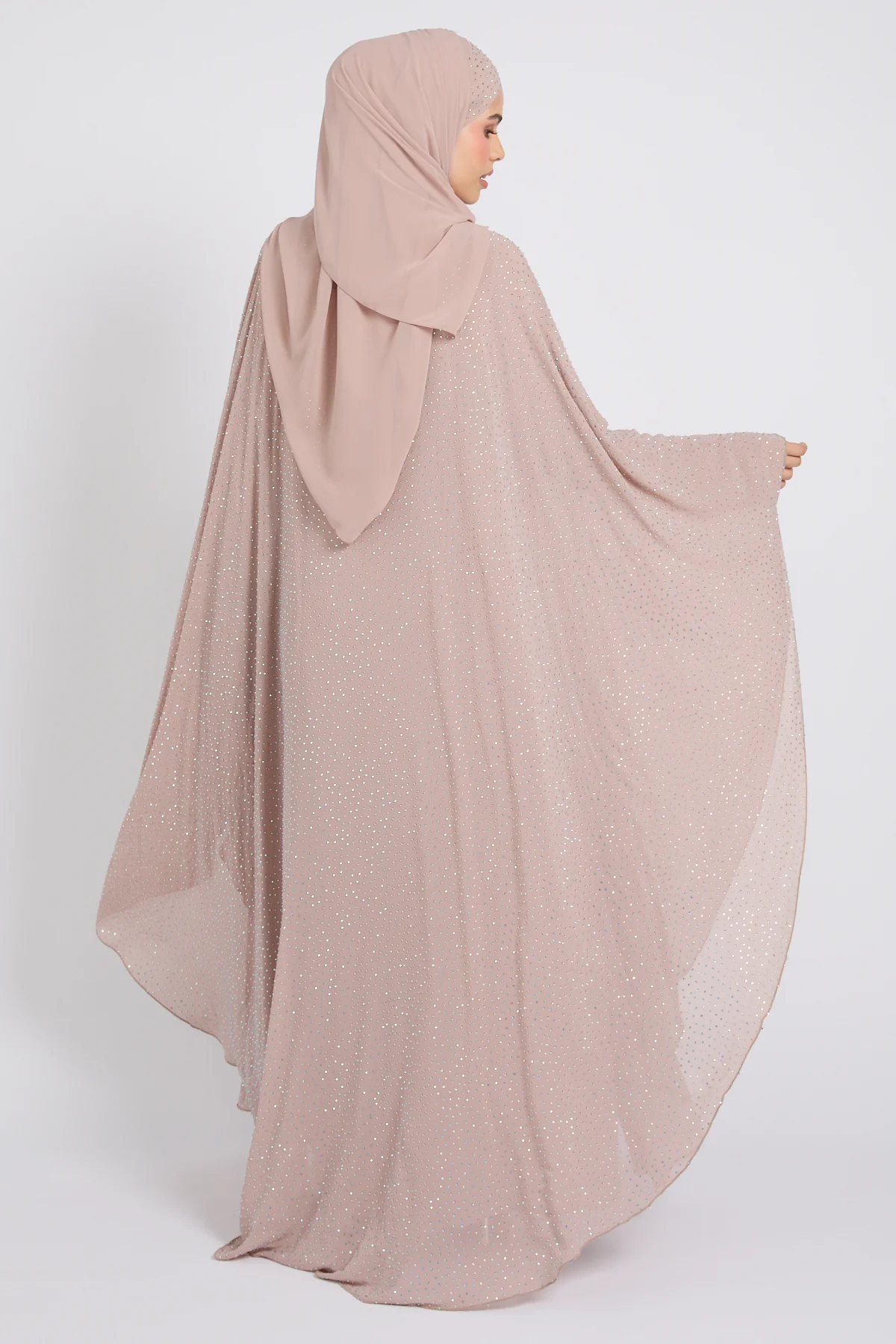 Luxury Stardust Embellished Chiffon Overlay Closed Abaya - Misty Mink - Image 5