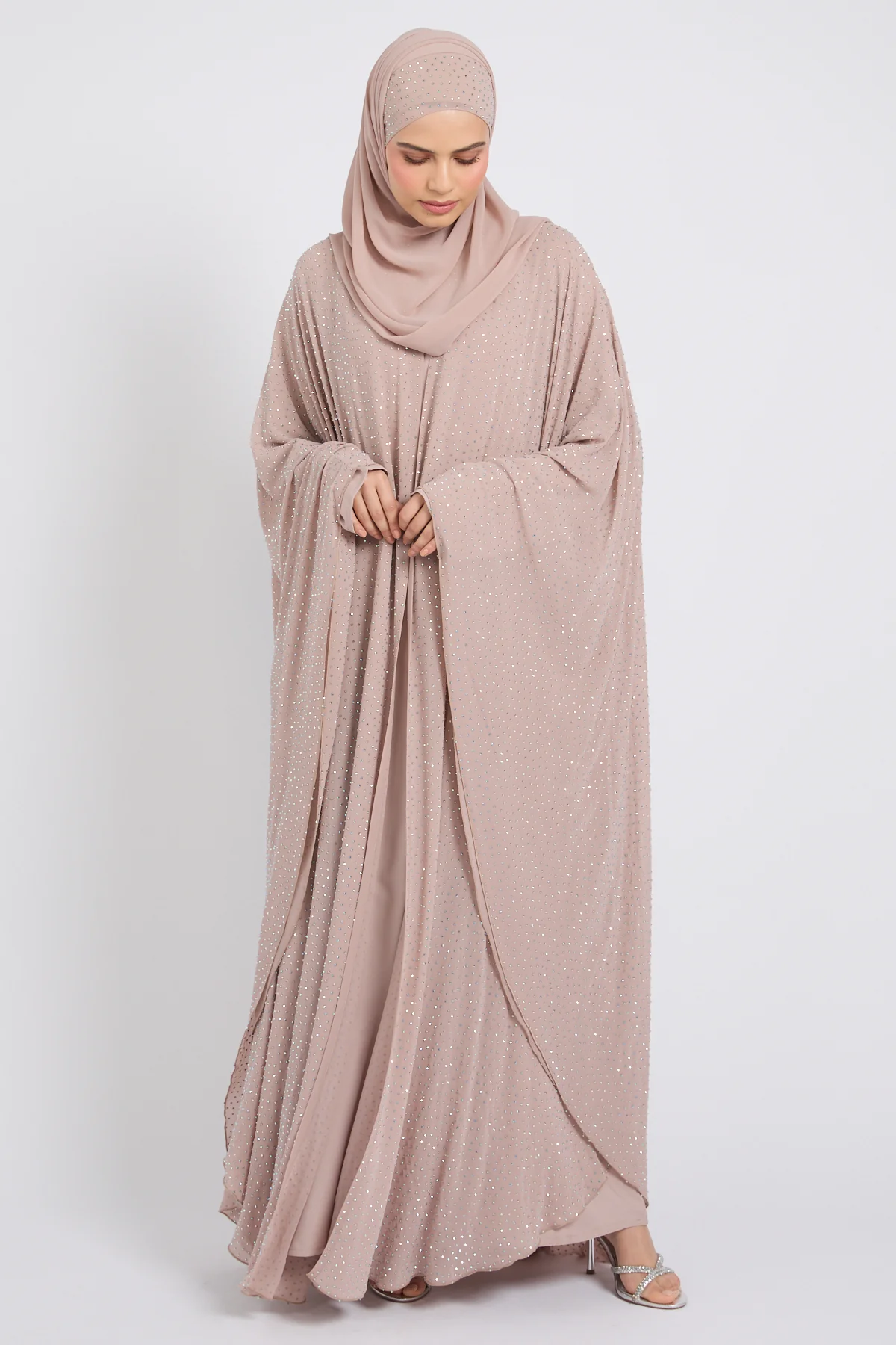 Luxury Stardust Embellished Chiffon Overlay Closed Abaya - Misty Mink - Image 6
