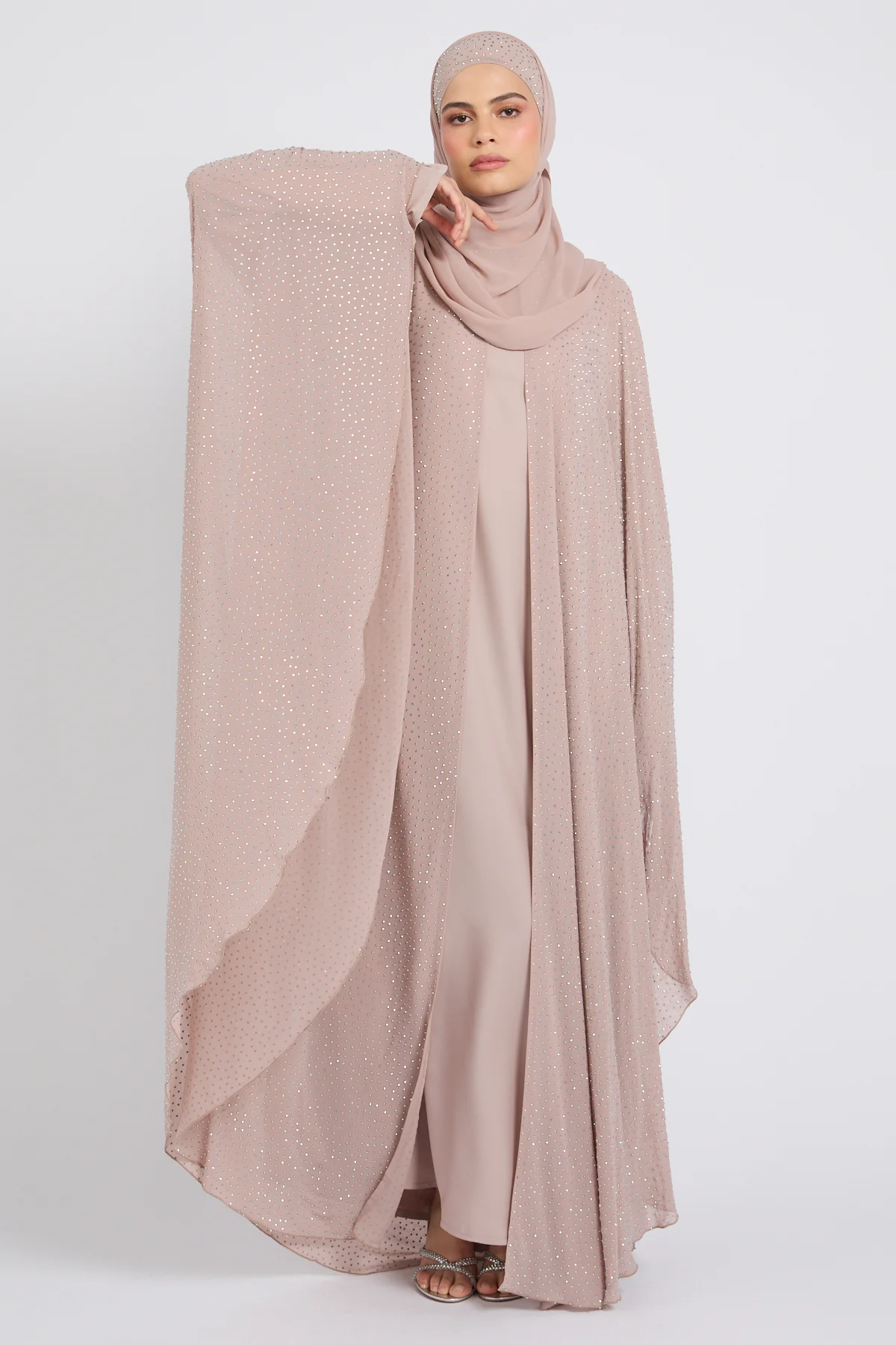 Luxury Stardust Embellished Chiffon Overlay Closed Abaya - Misty Mink - Image 7