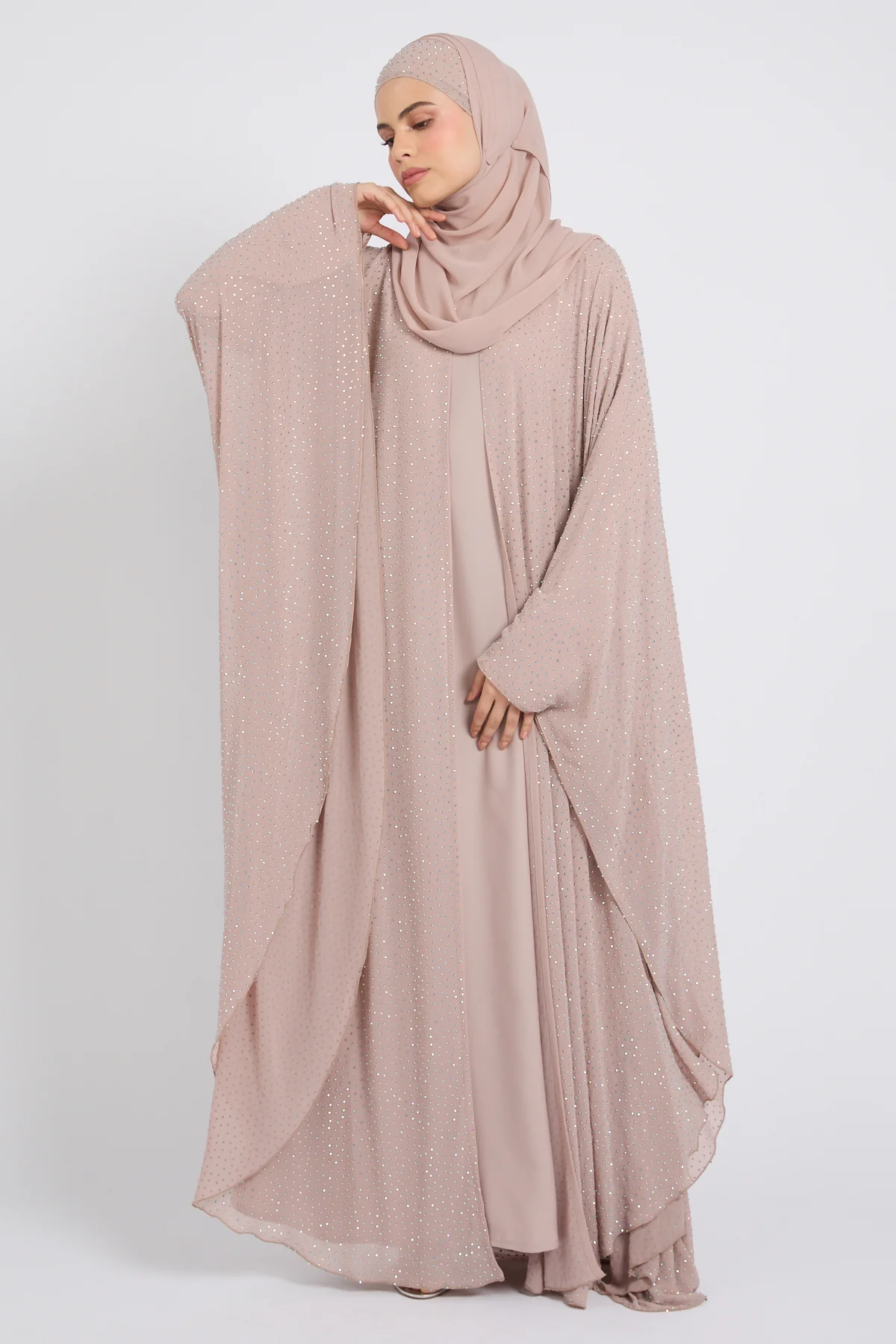 Luxury Stardust Embellished Chiffon Overlay Closed Abaya - Misty Mink - Image 8