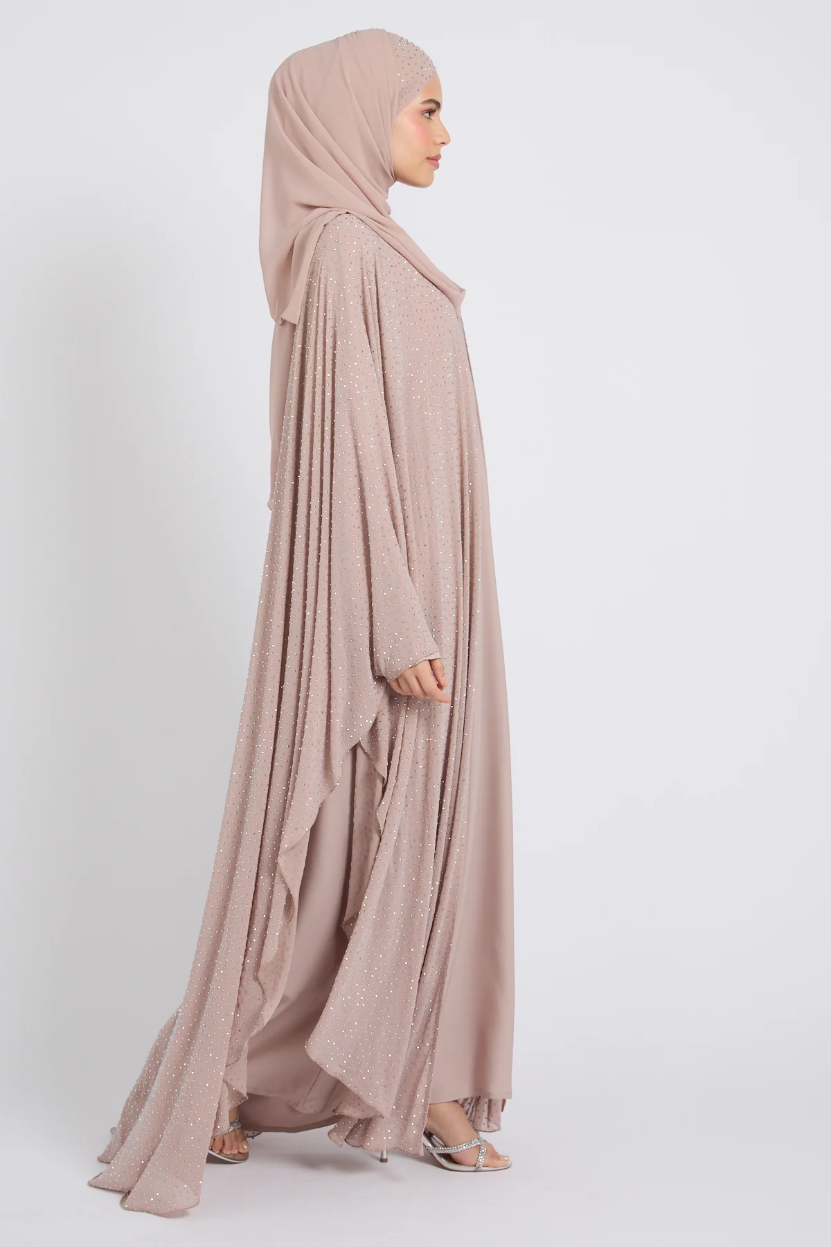 Luxury Stardust Embellished Chiffon Overlay Closed Abaya - Misty Mink - Image 9