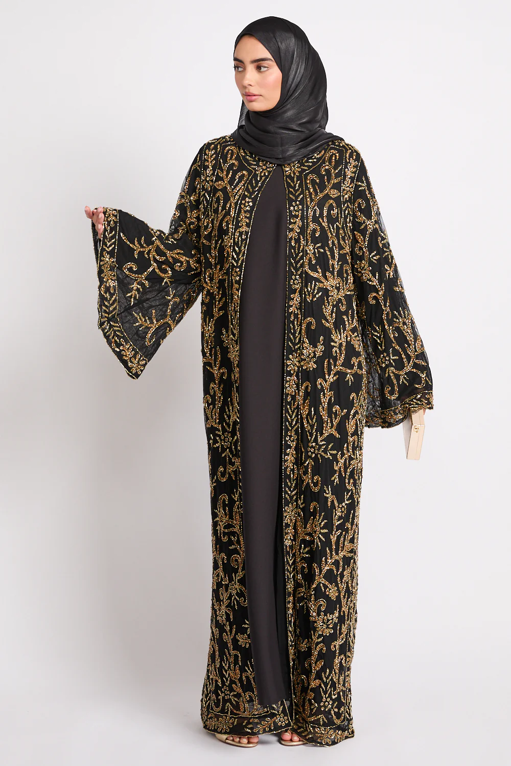 Luxury Starlit Bloom Embellished Open Abaya - Gold - Image 9