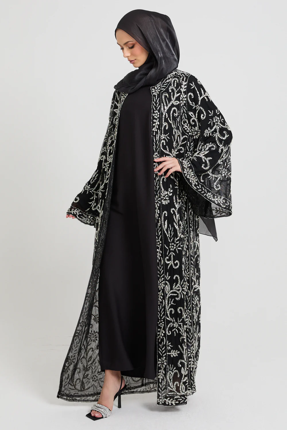 Luxury Starlit Bloom Embellished Open Abaya - Silver - Image 10