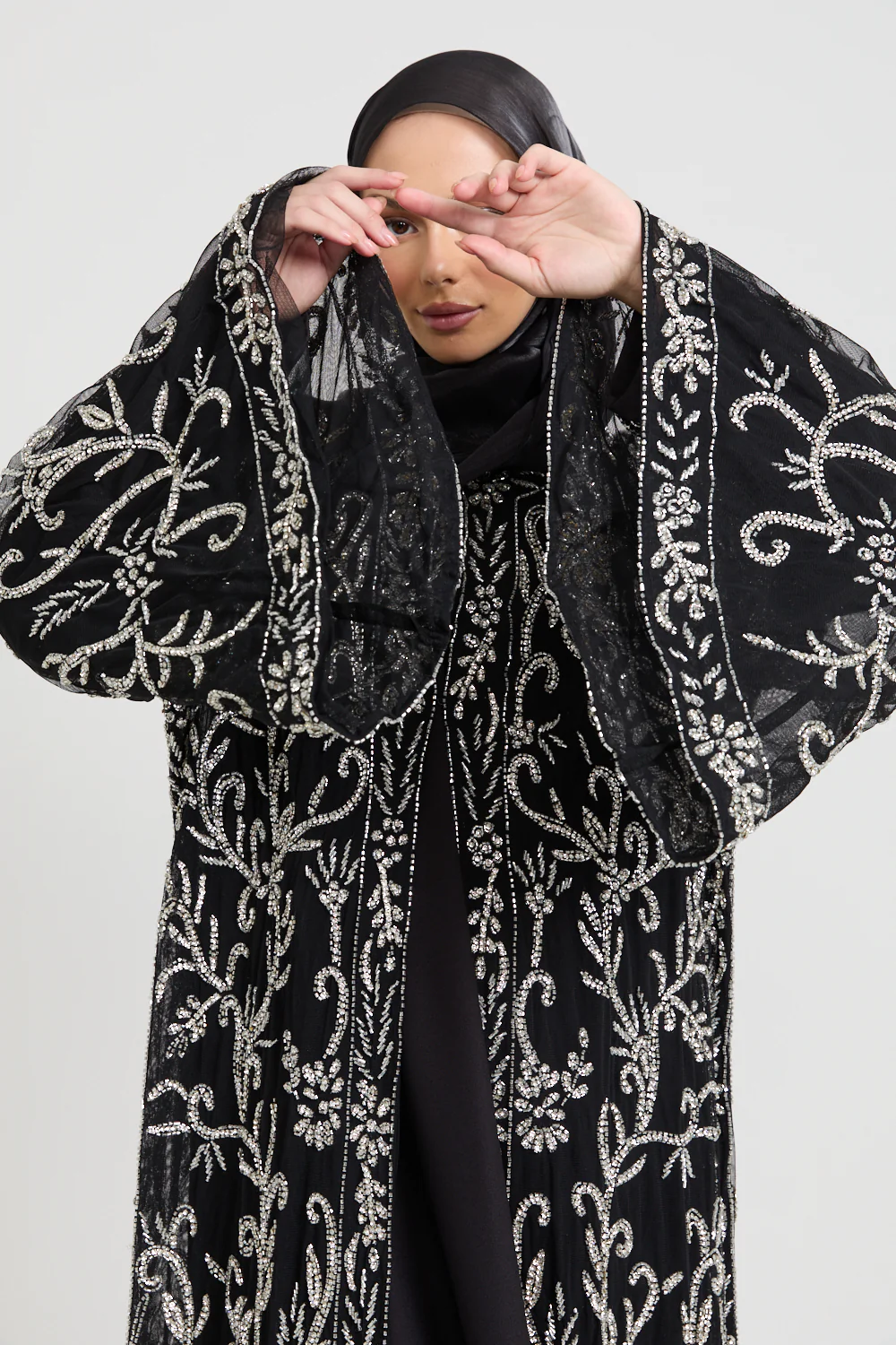 Luxury Starlit Bloom Embellished Open Abaya - Silver - Image 2