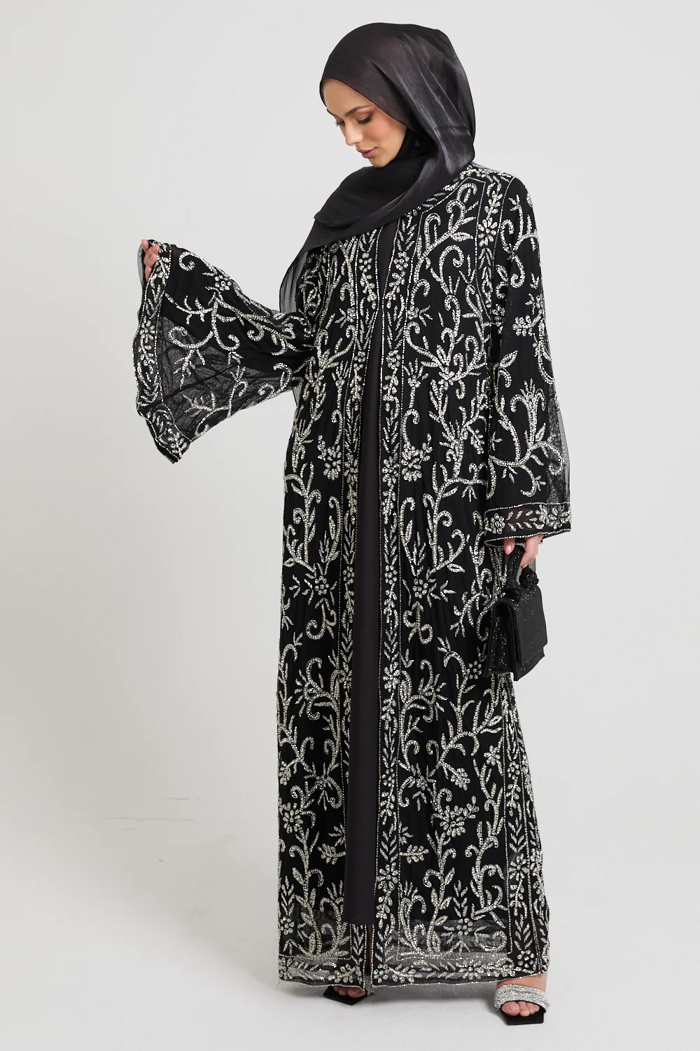Luxury Starlit Bloom Embellished Open Abaya - Silver - Image 3