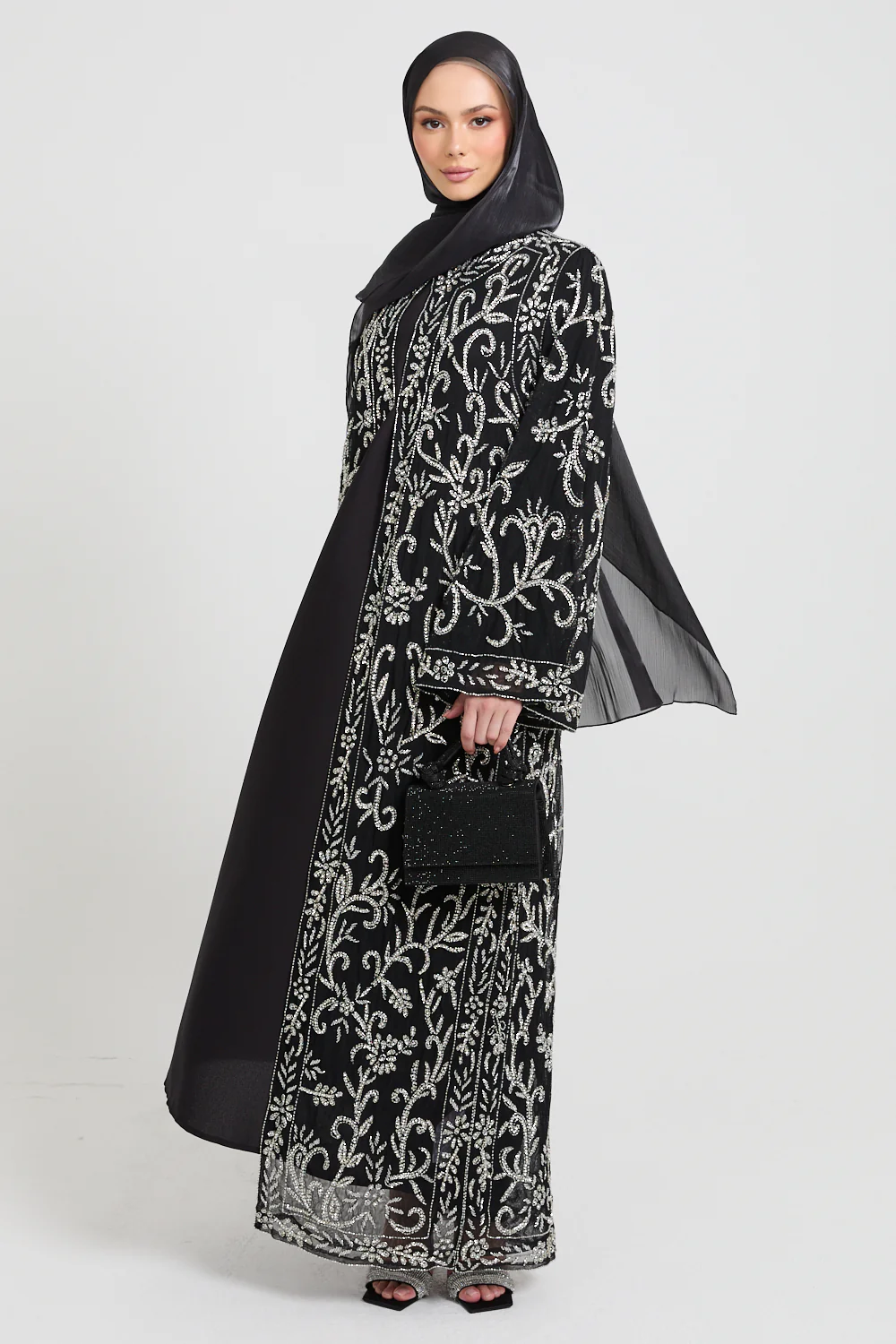 Luxury Starlit Bloom Embellished Open Abaya - Silver - Image 4