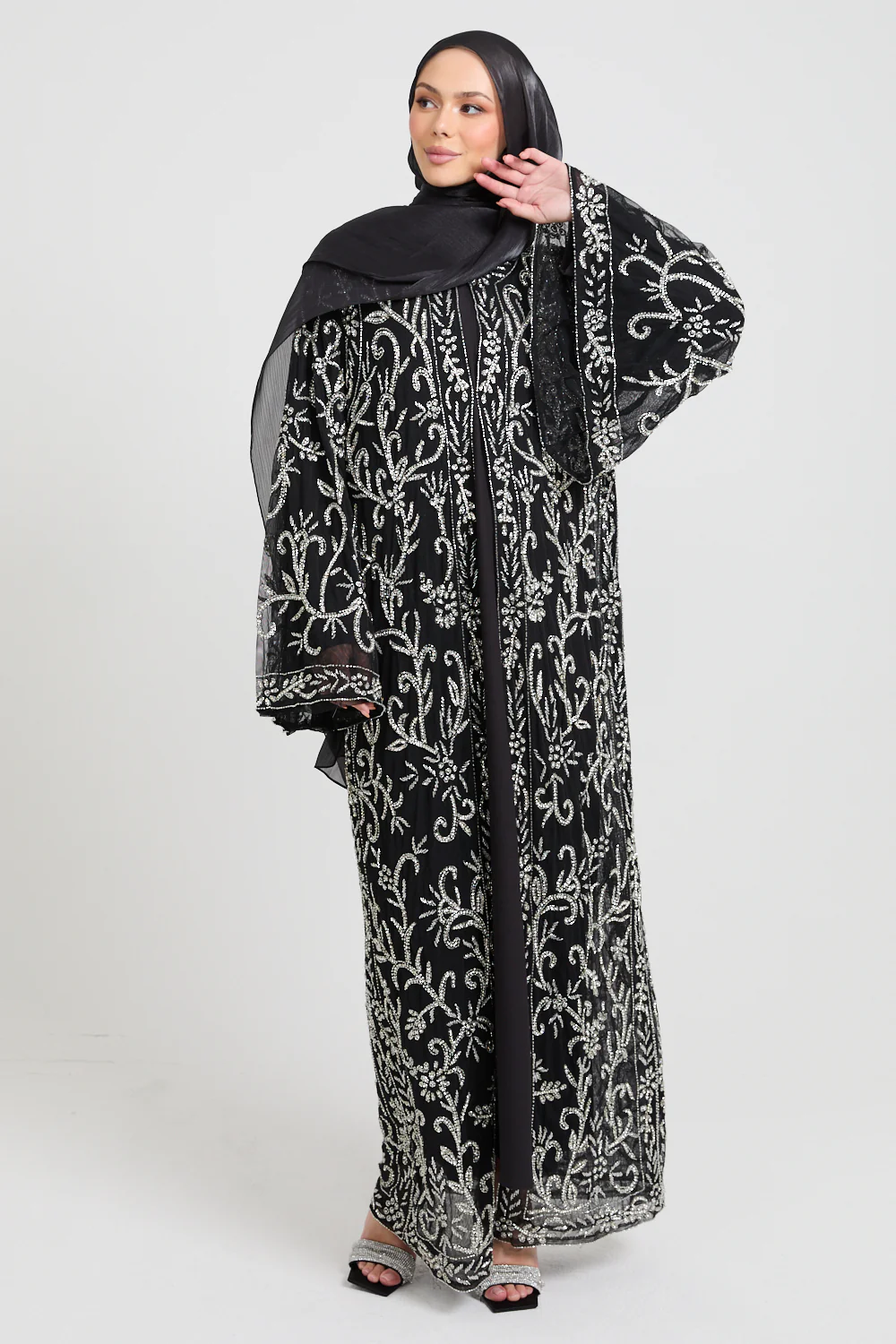 Luxury Starlit Bloom Embellished Open Abaya - Silver - Image 5