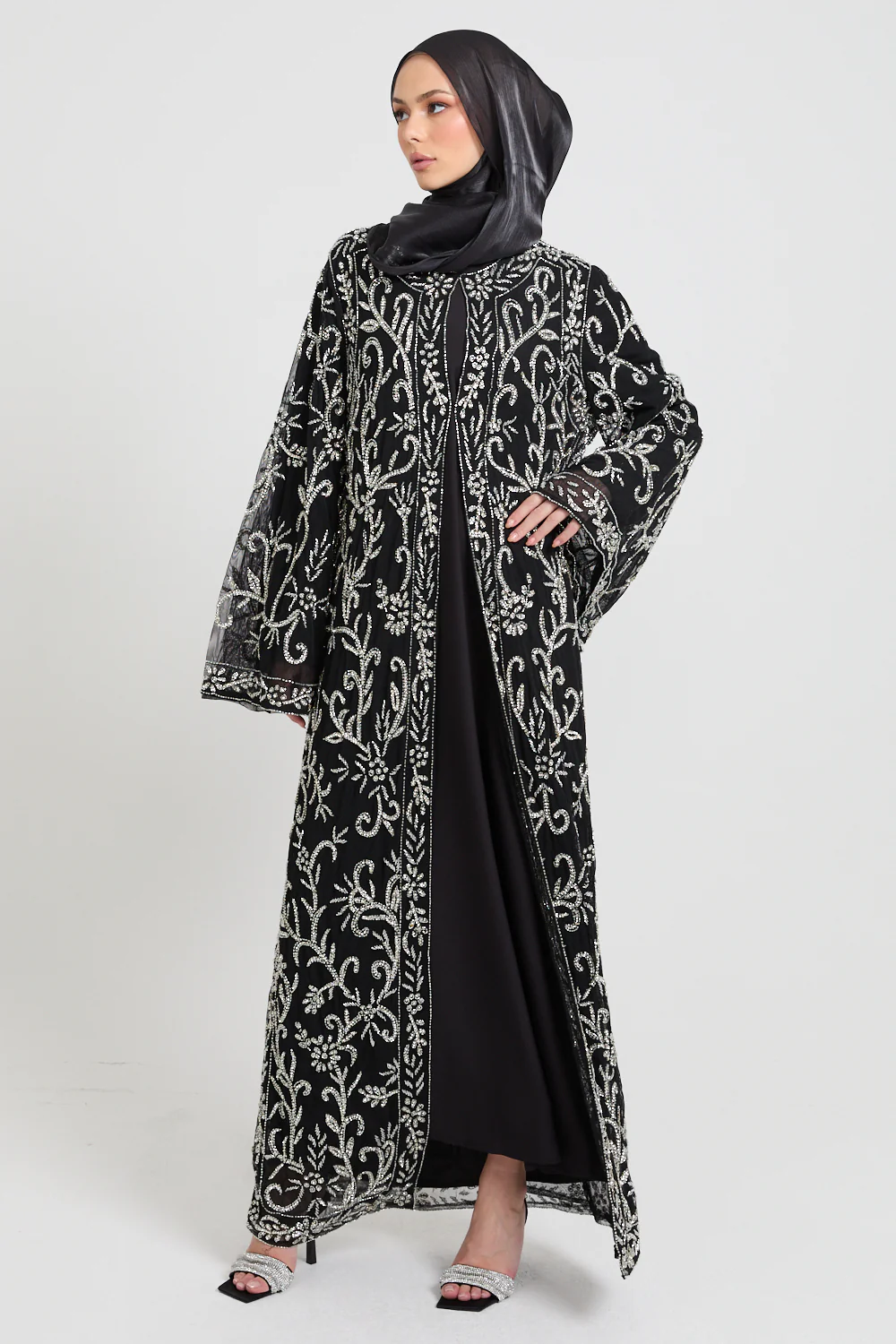 Luxury Starlit Bloom Embellished Open Abaya - Silver - Image 6