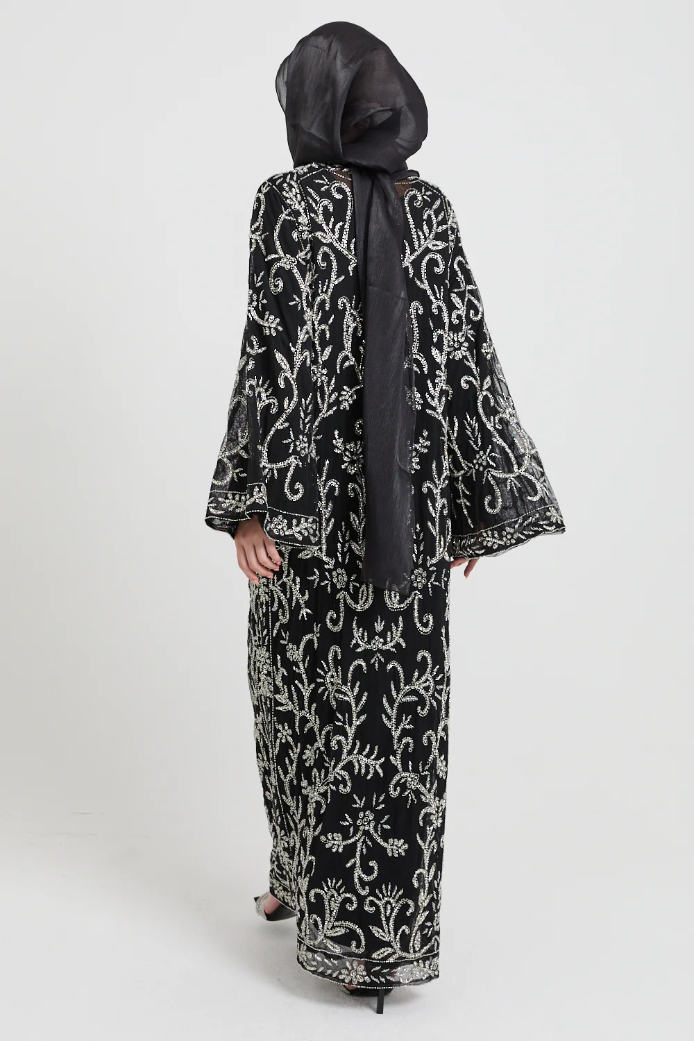 Luxury Starlit Bloom Embellished Open Abaya - Silver - Image 7