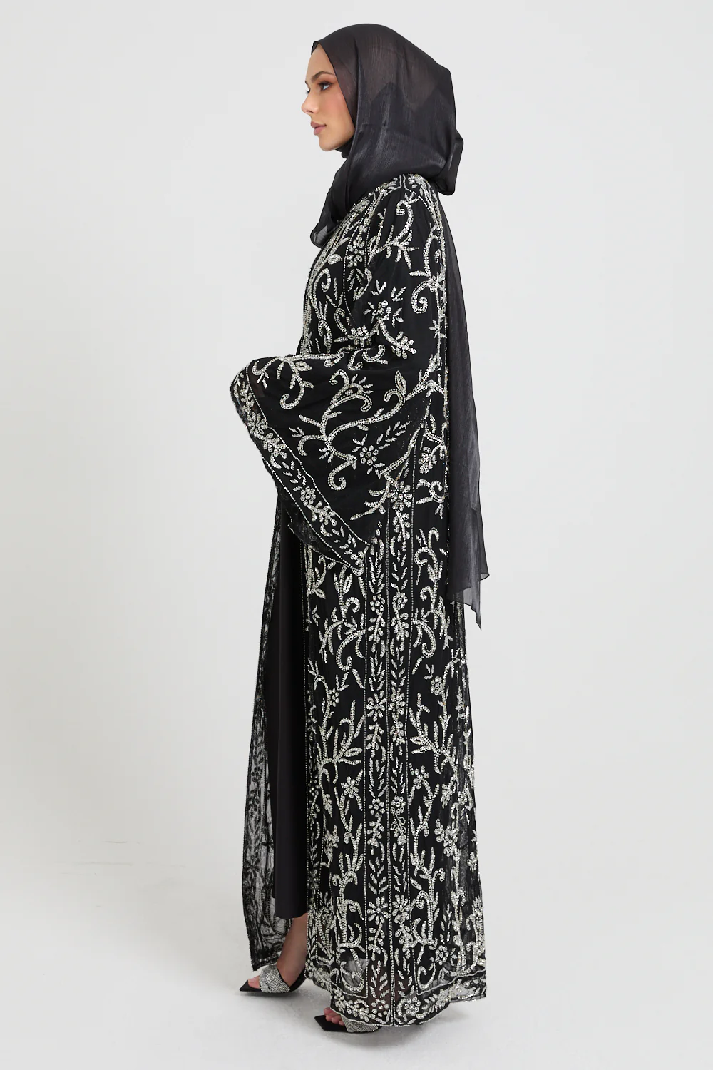 Luxury Starlit Bloom Embellished Open Abaya - Silver - Image 8