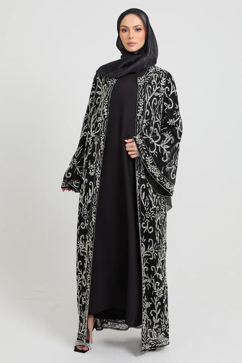 Luxury Starlit Bloom Embellished Open Abaya - Silver - Image 9