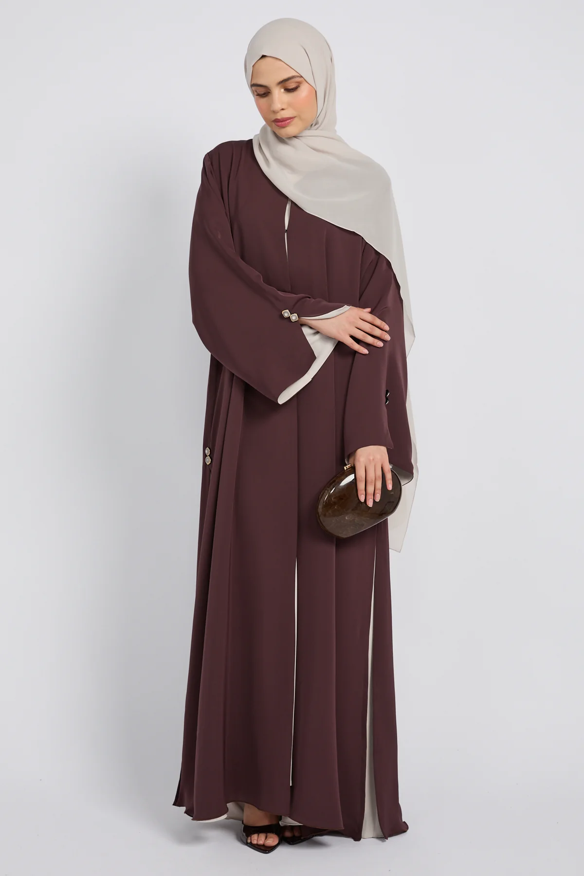 Luxury Tailored Flow Open Abaya – Cocoa Plum - Image 10