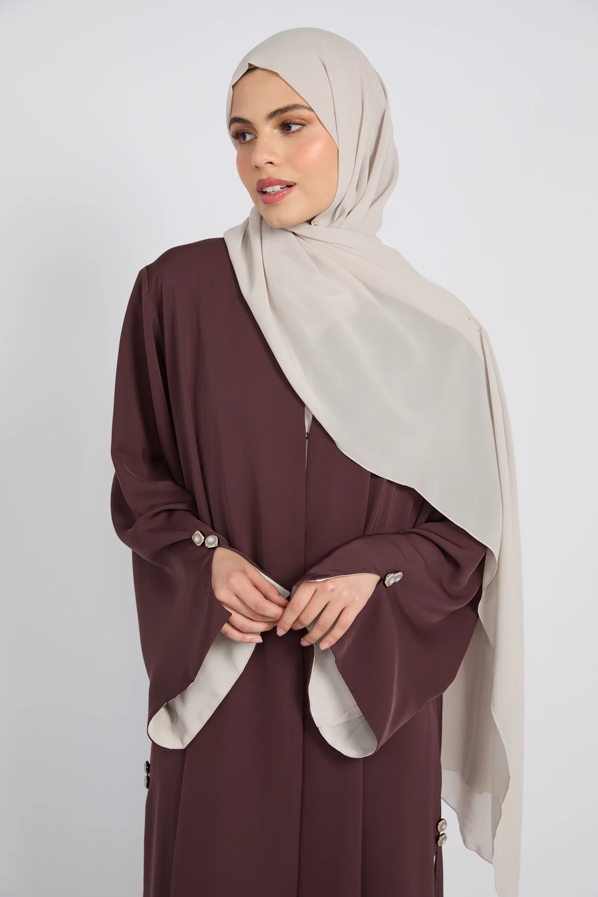 Luxury Tailored Flow Open Abaya – Cocoa Plum - Image 2