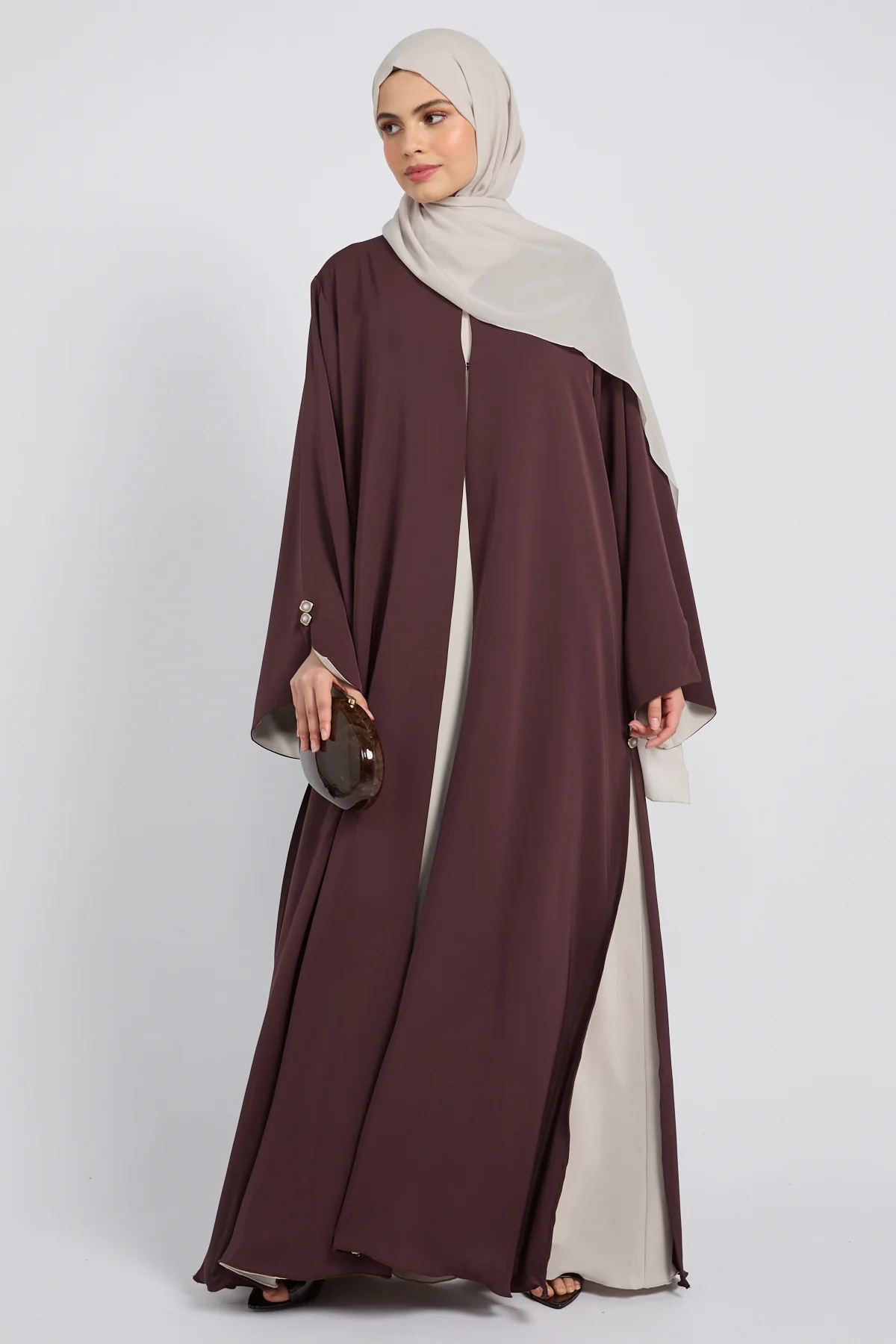 Luxury Tailored Flow Open Abaya – Cocoa Plum - Image 3