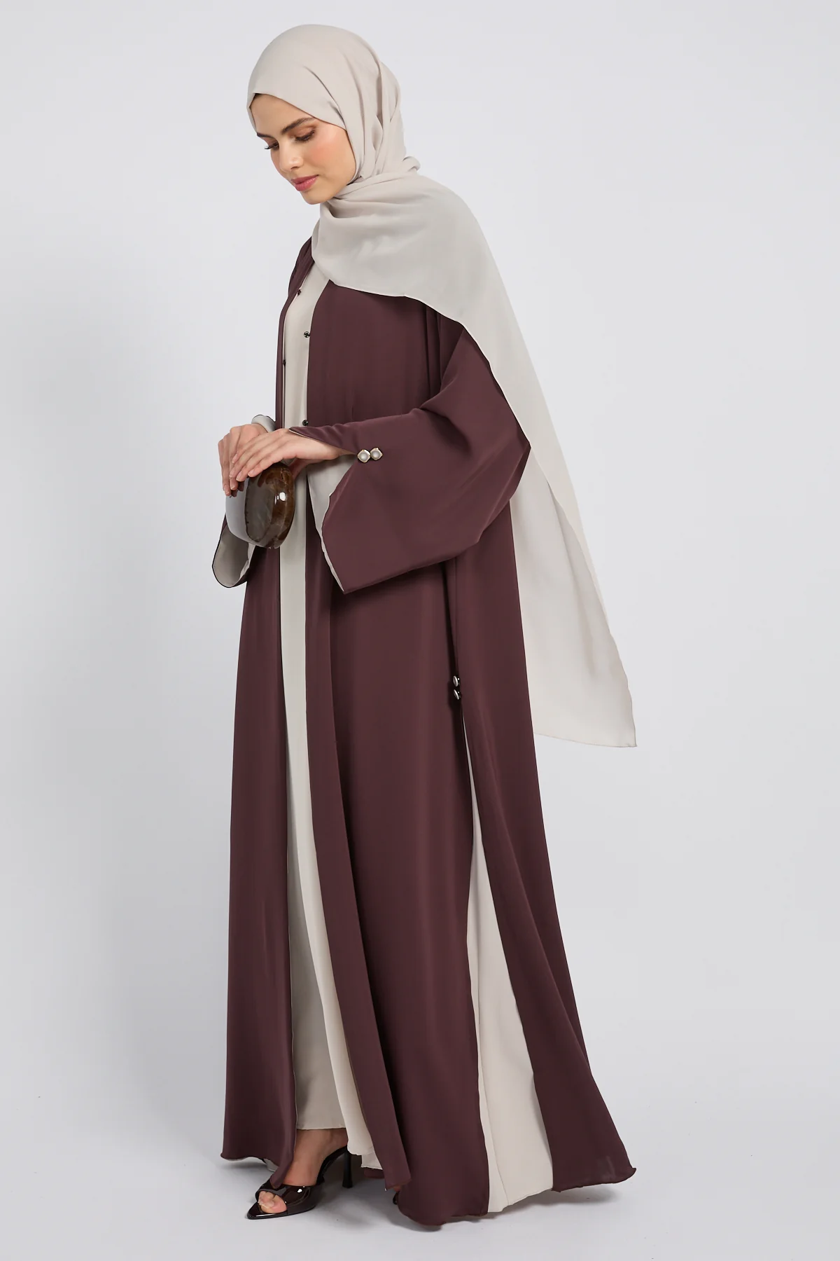 Luxury Tailored Flow Open Abaya – Cocoa Plum - Image 4