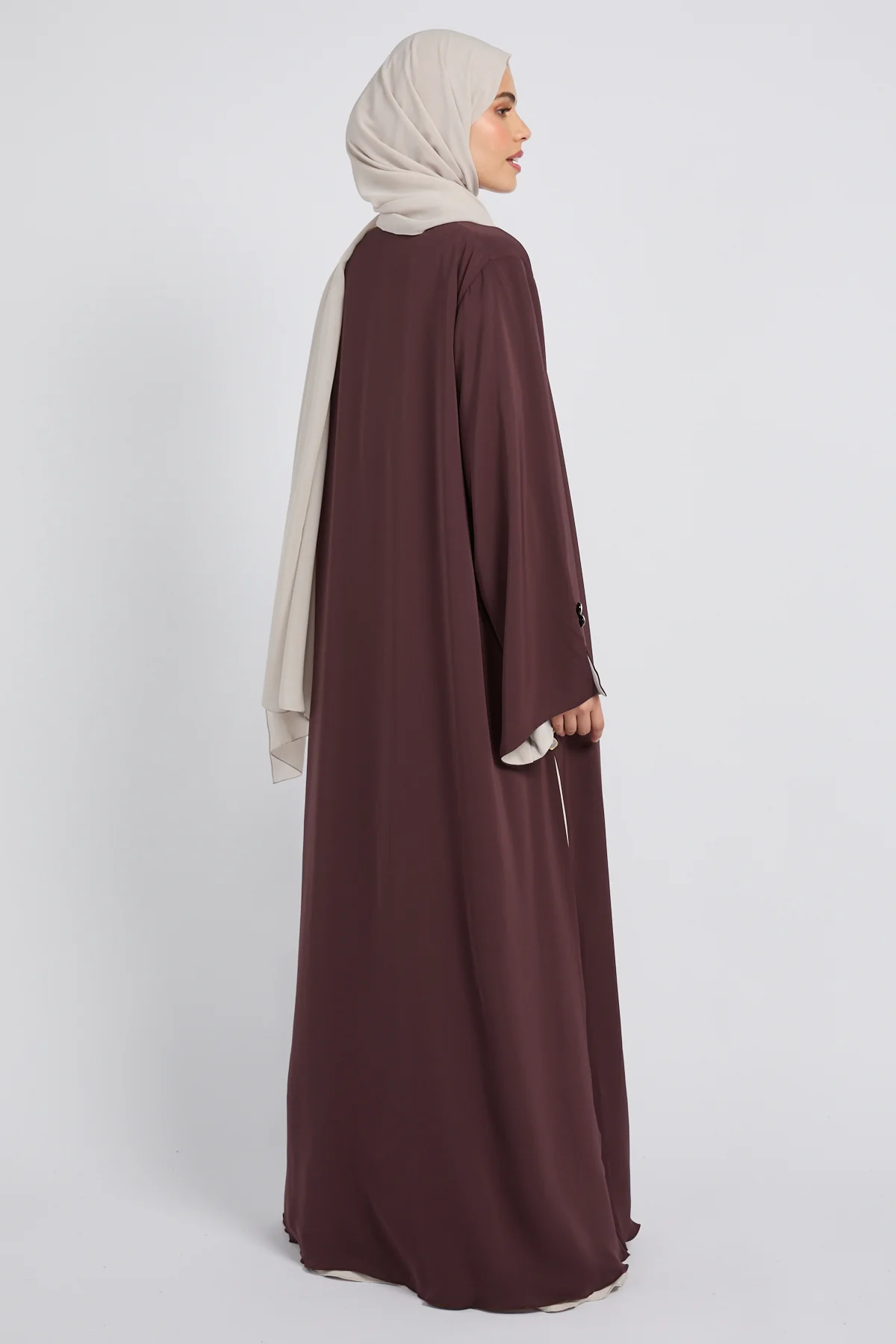 Luxury Tailored Flow Open Abaya – Cocoa Plum - Image 5
