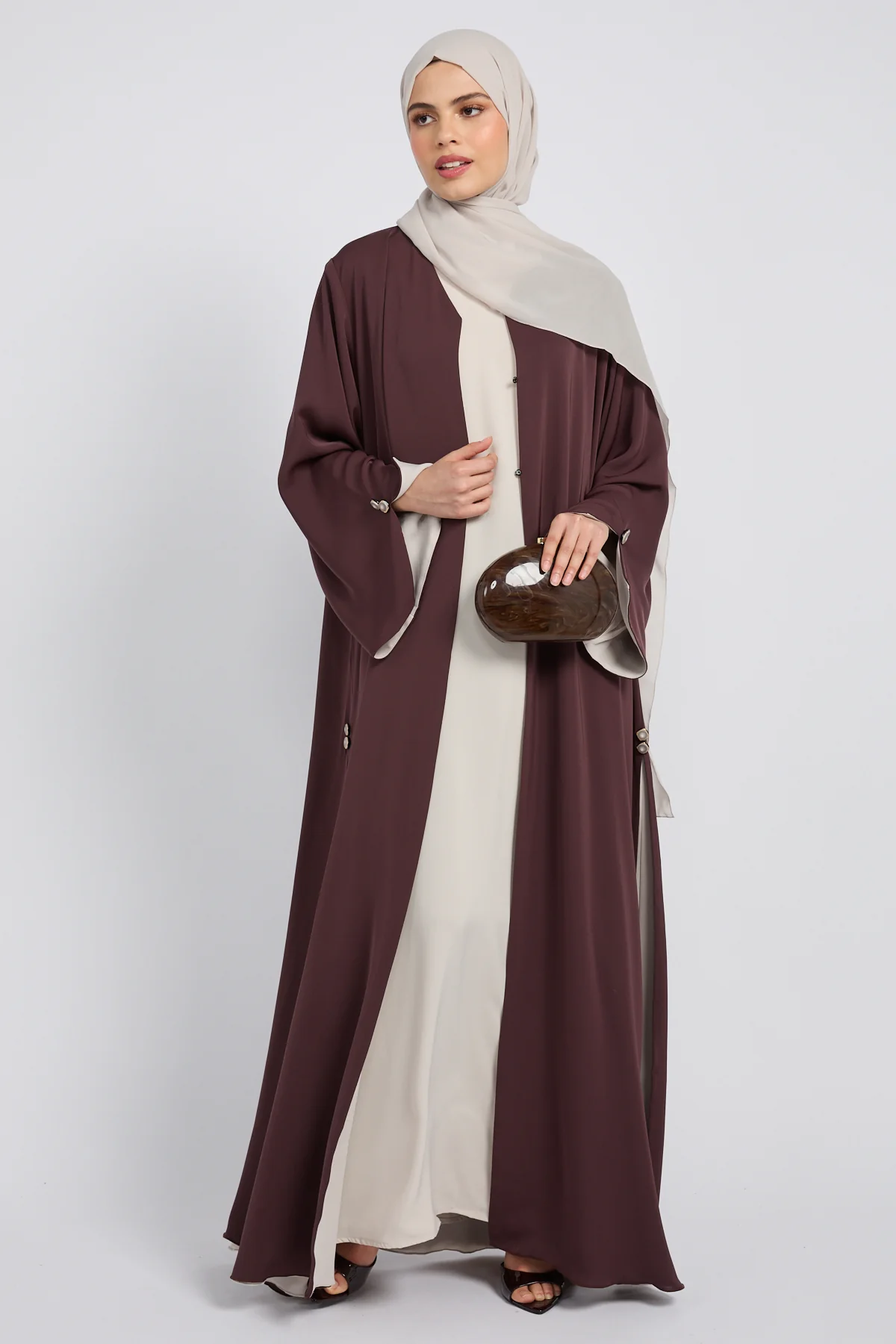 Luxury Tailored Flow Open Abaya – Cocoa Plum - Image 6