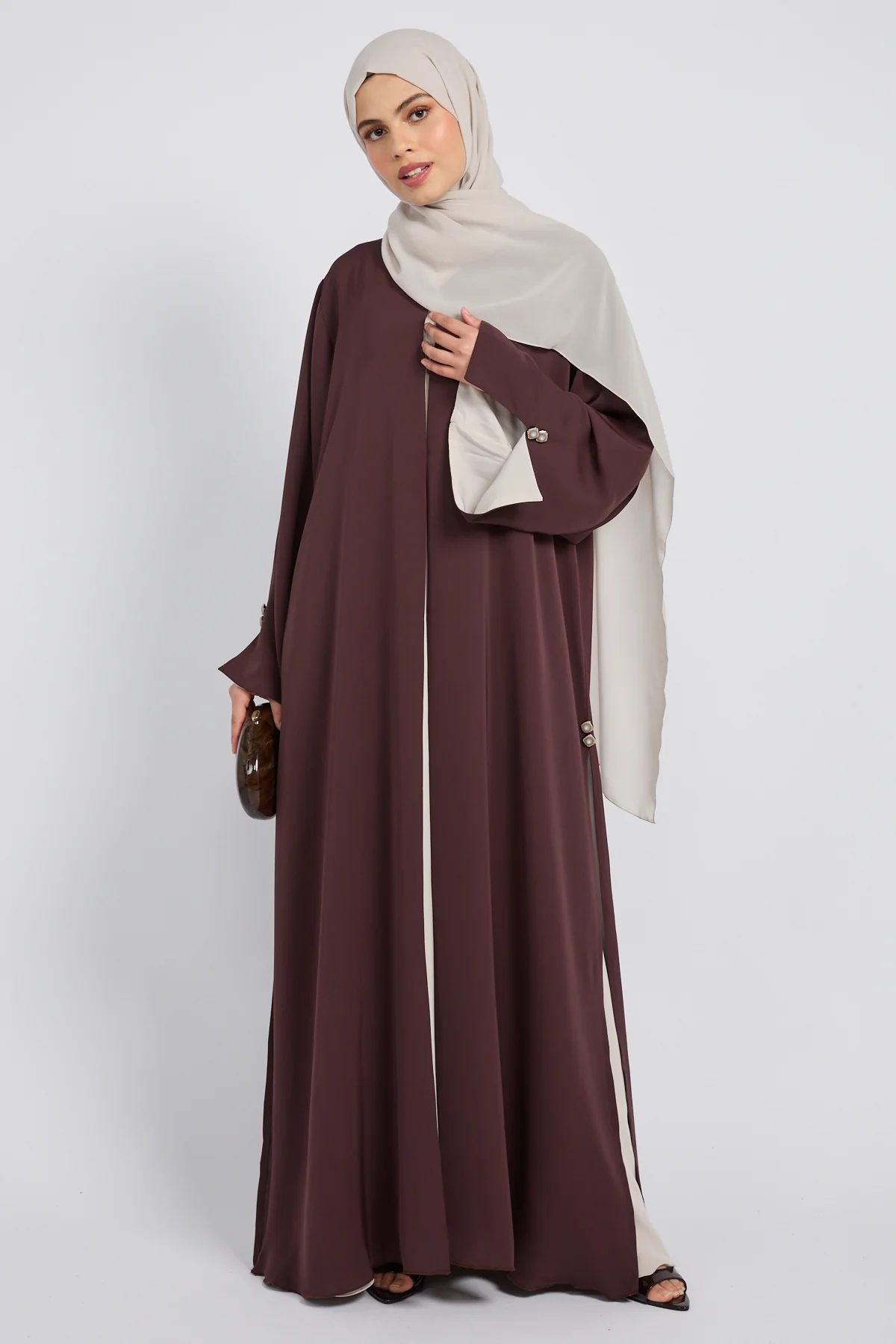 Luxury Tailored Flow Open Abaya – Cocoa Plum - Image 7