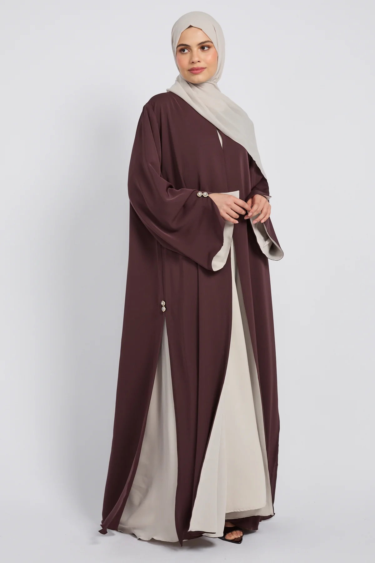 Luxury Tailored Flow Open Abaya – Cocoa Plum - Image 8