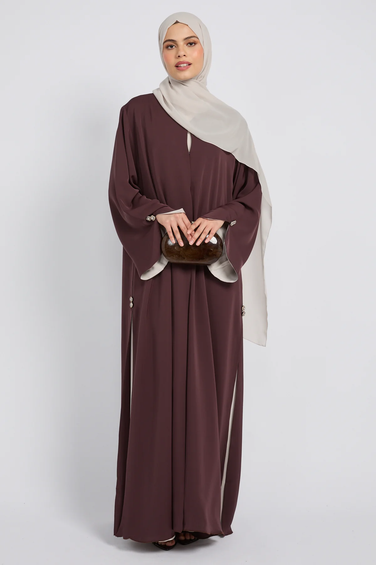 Luxury Tailored Flow Open Abaya – Cocoa Plum - Image 9