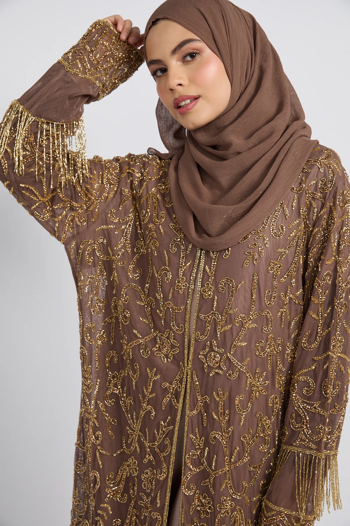 Luxury Tassel Embellished Open Abaya - Mocha Rose - Image 2