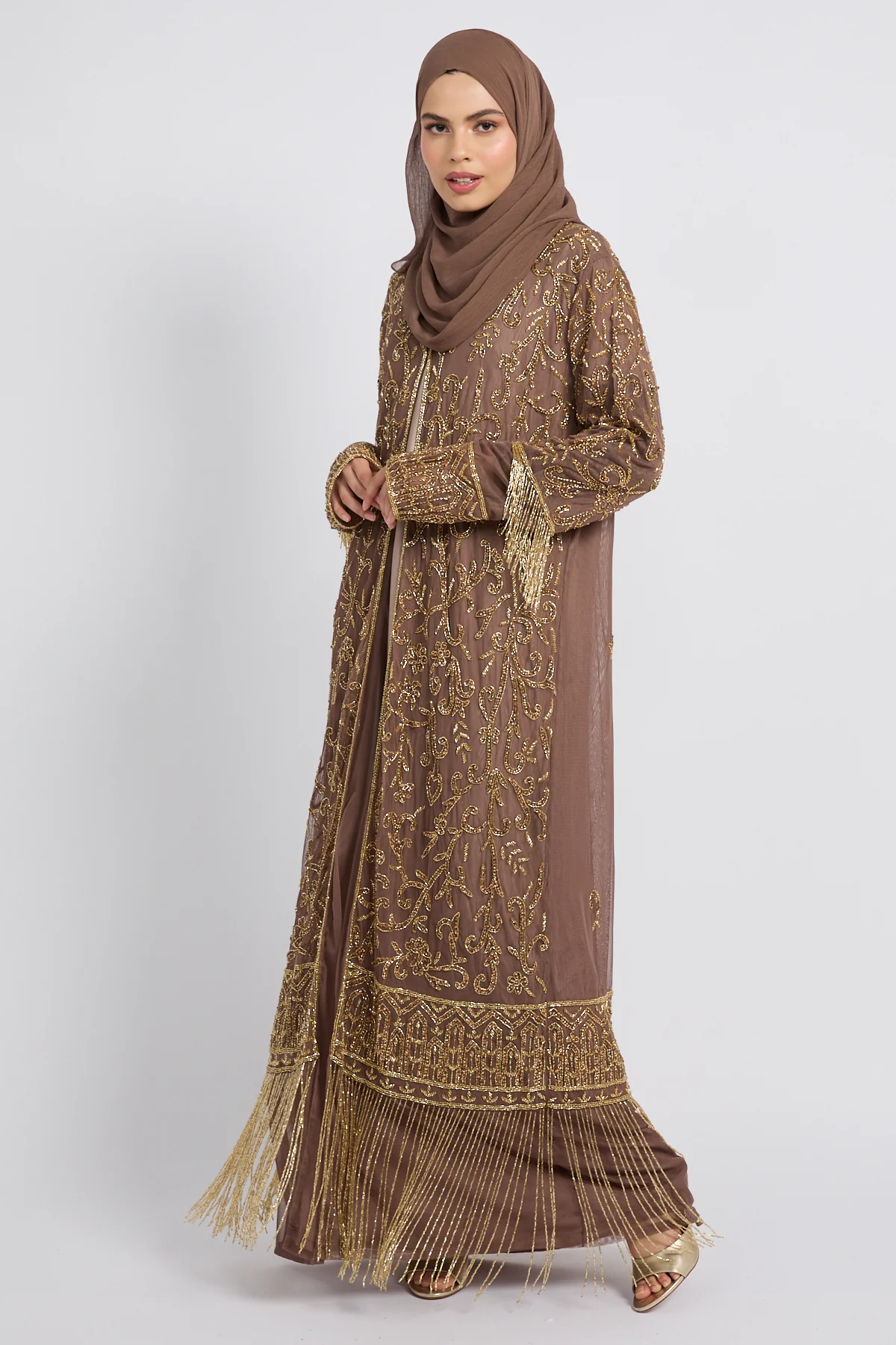 Luxury Tassel Embellished Open Abaya - Mocha Rose - Image 3
