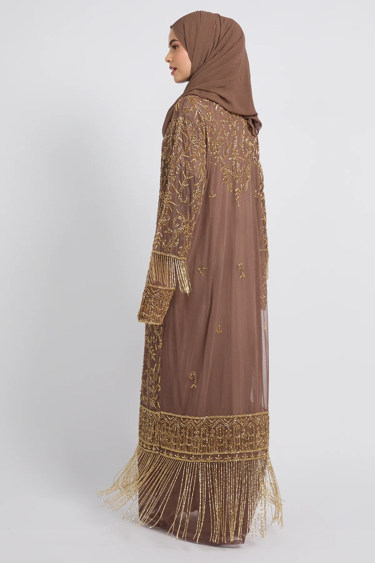 Luxury Tassel Embellished Open Abaya - Mocha Rose - Image 4