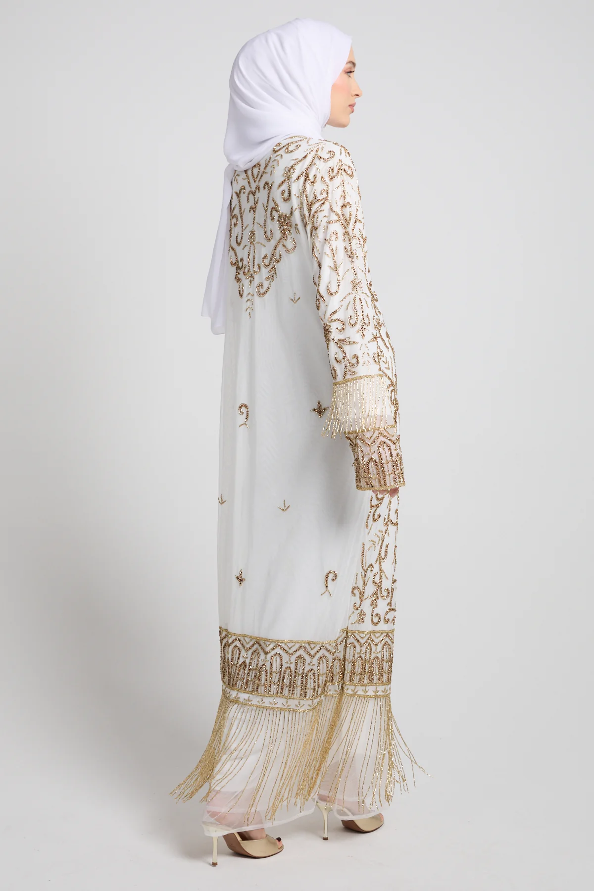 Luxury Tassel Embellished Open Abaya - White - Image 3