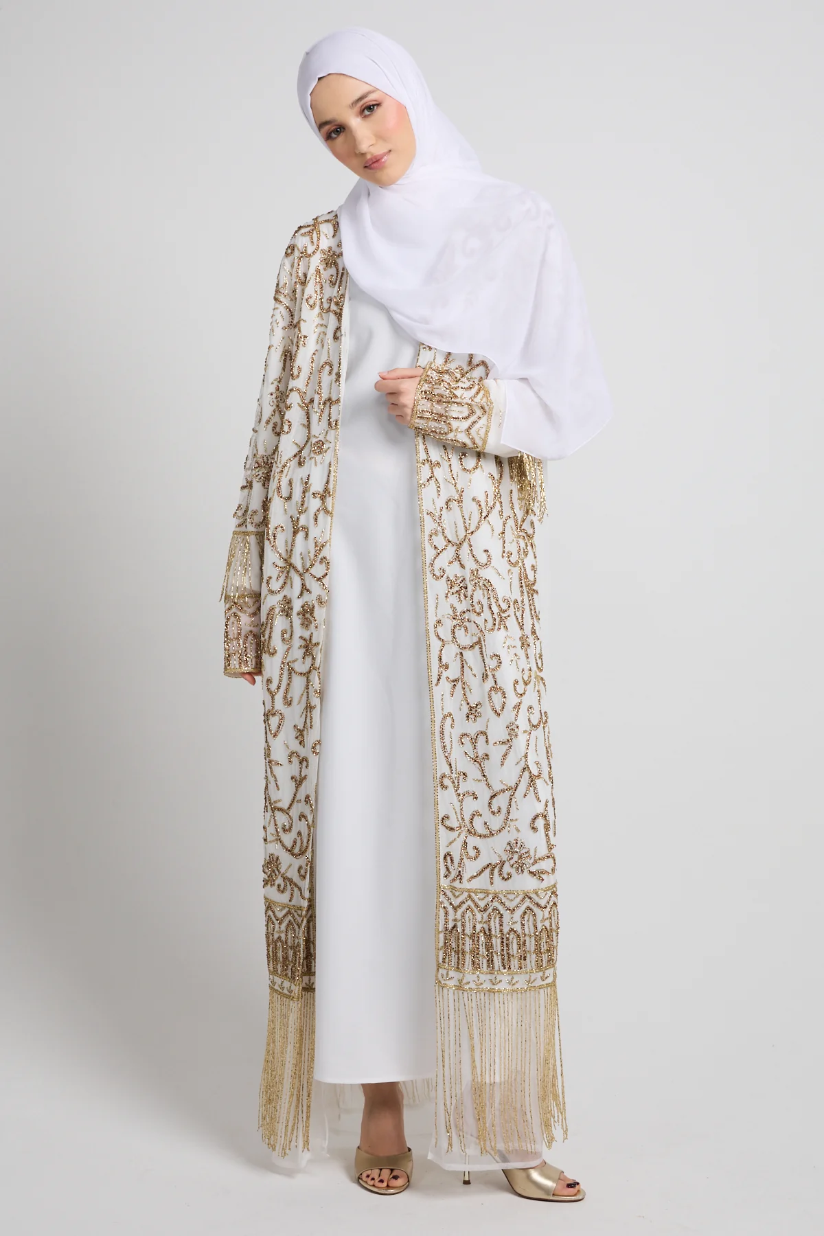 Luxury Tassel Embellished Open Abaya - White - Image 4
