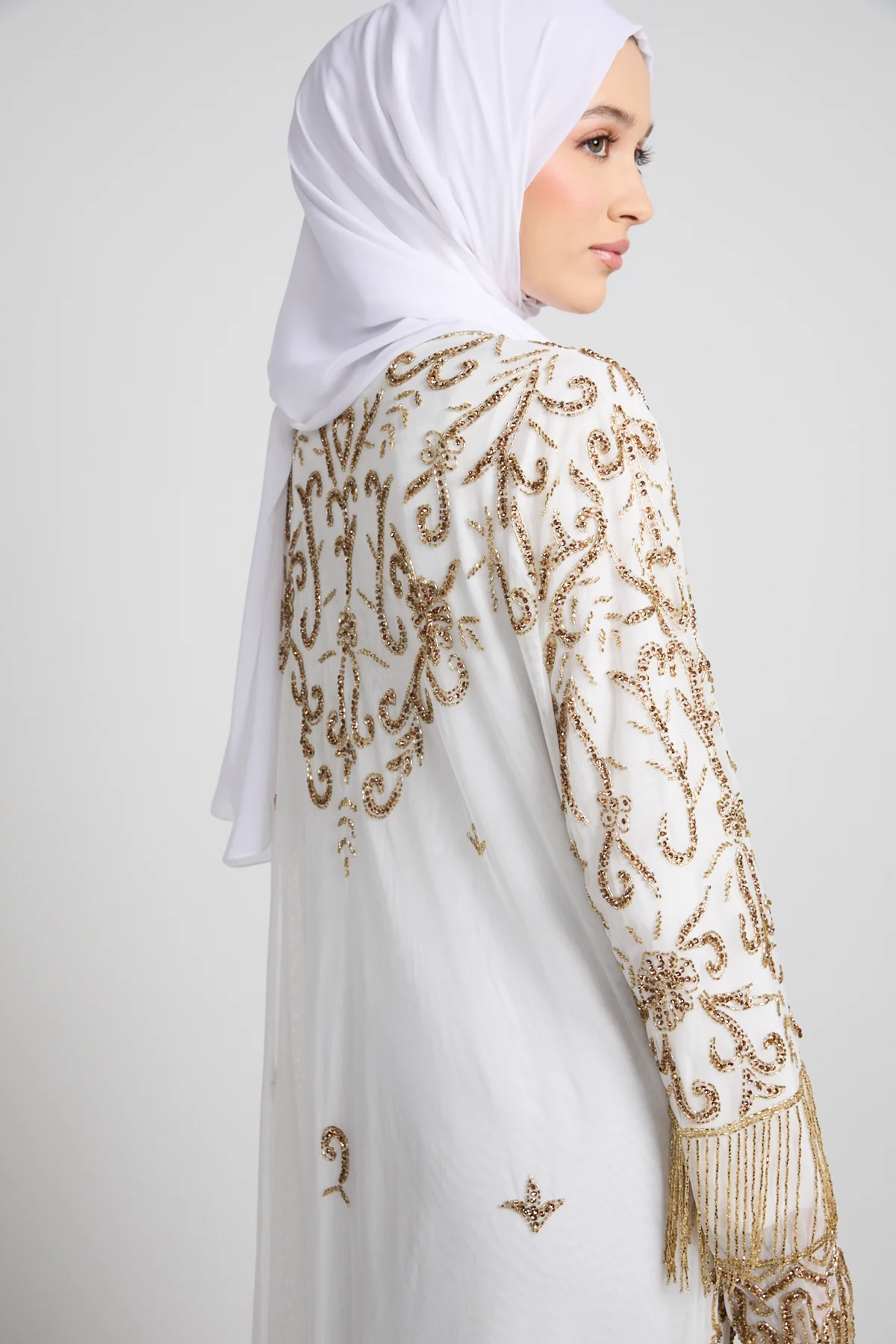 Luxury Tassel Embellished Open Abaya - White - Image 5