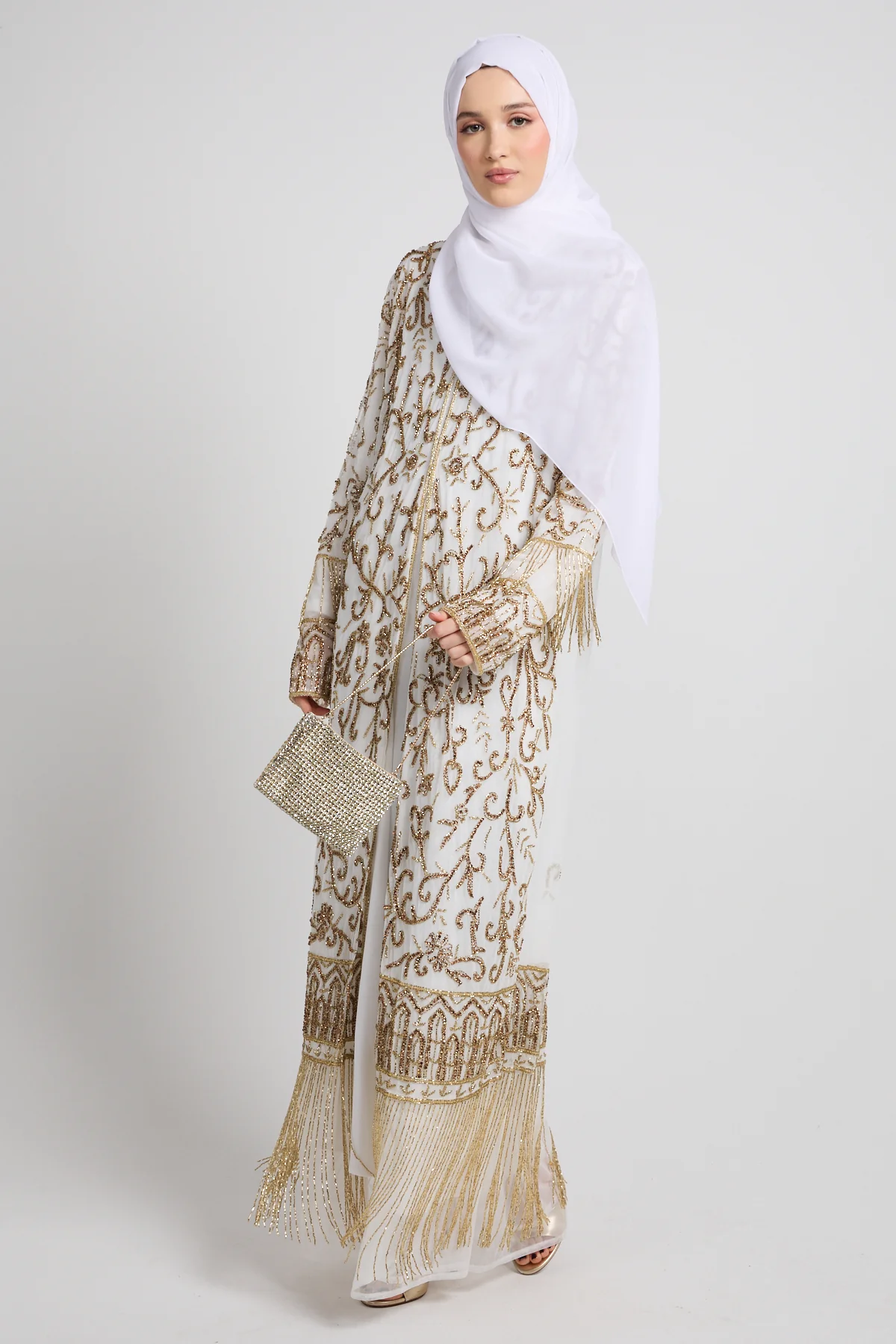 Luxury Tassel Embellished Open Abaya - White - Image 6