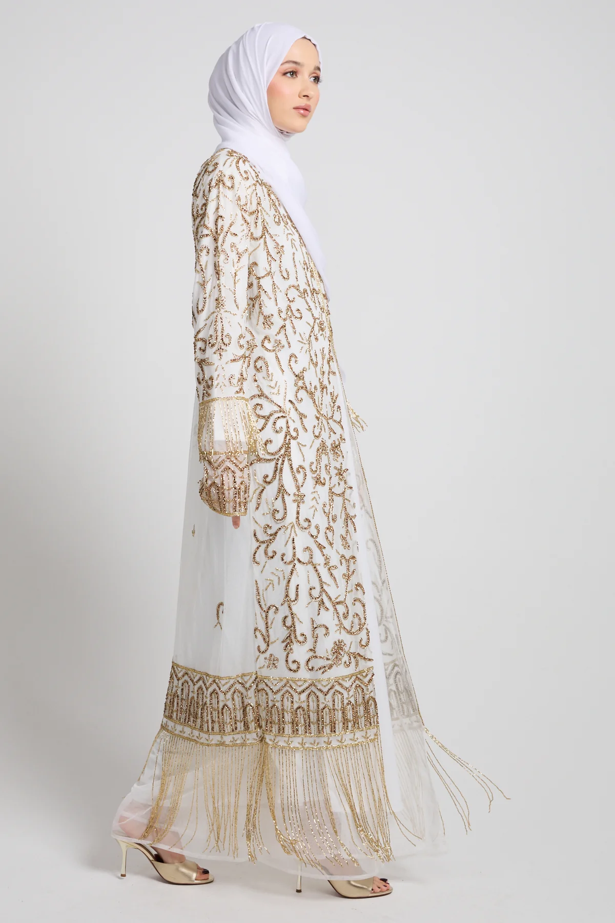 Luxury Tassel Embellished Open Abaya - White - Image 7
