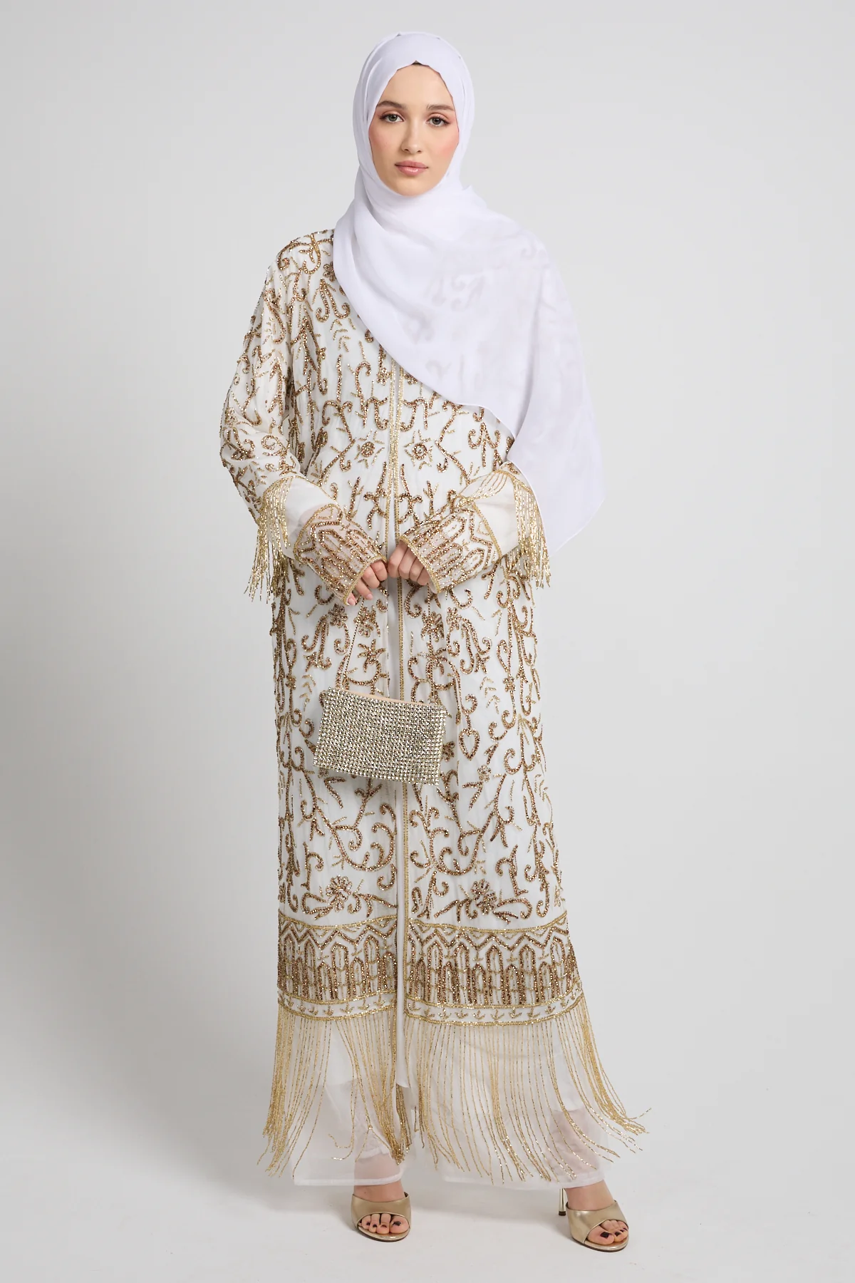 Luxury Tassel Embellished Open Abaya - White - Image 8
