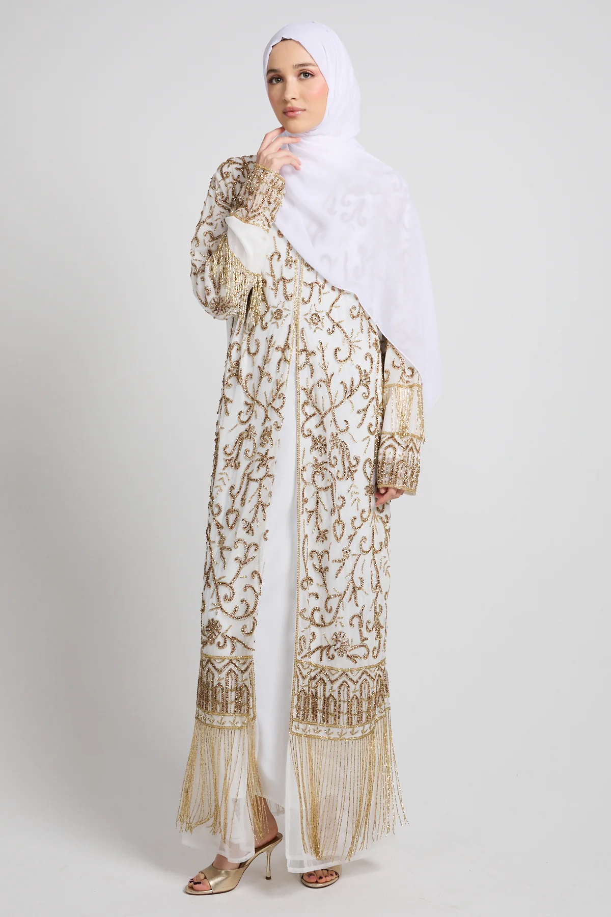 Luxury Tassel Embellished Open Abaya - White - Image 9