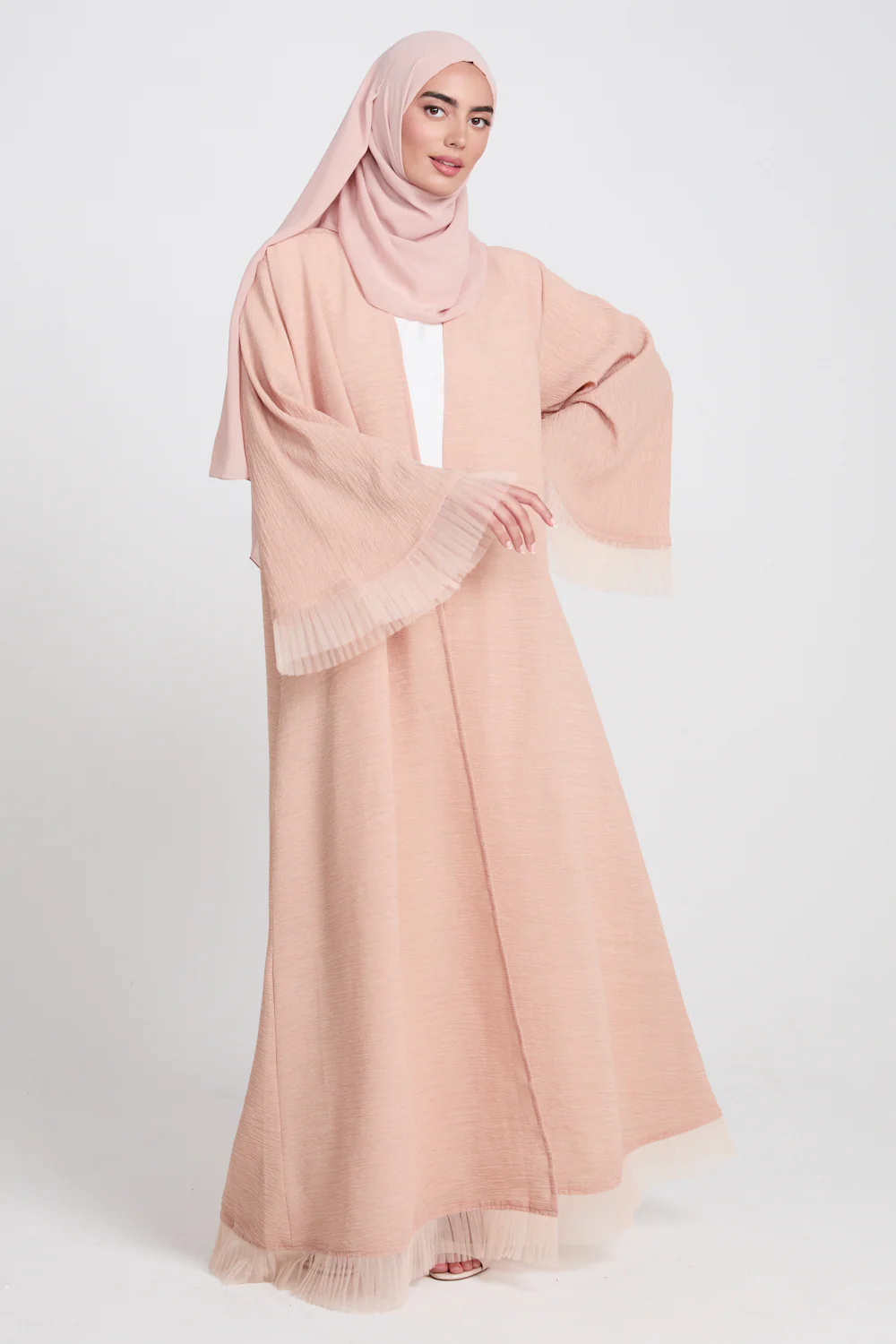 Luxury Textured Open Abaya with Tulle Lace Detailing - Peach Blossom