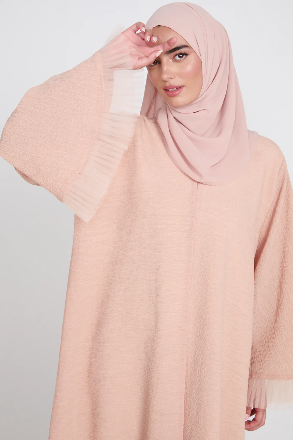 Luxury Textured Open Abaya with Tulle Lace Detailing - Peach Blossom - Image 2