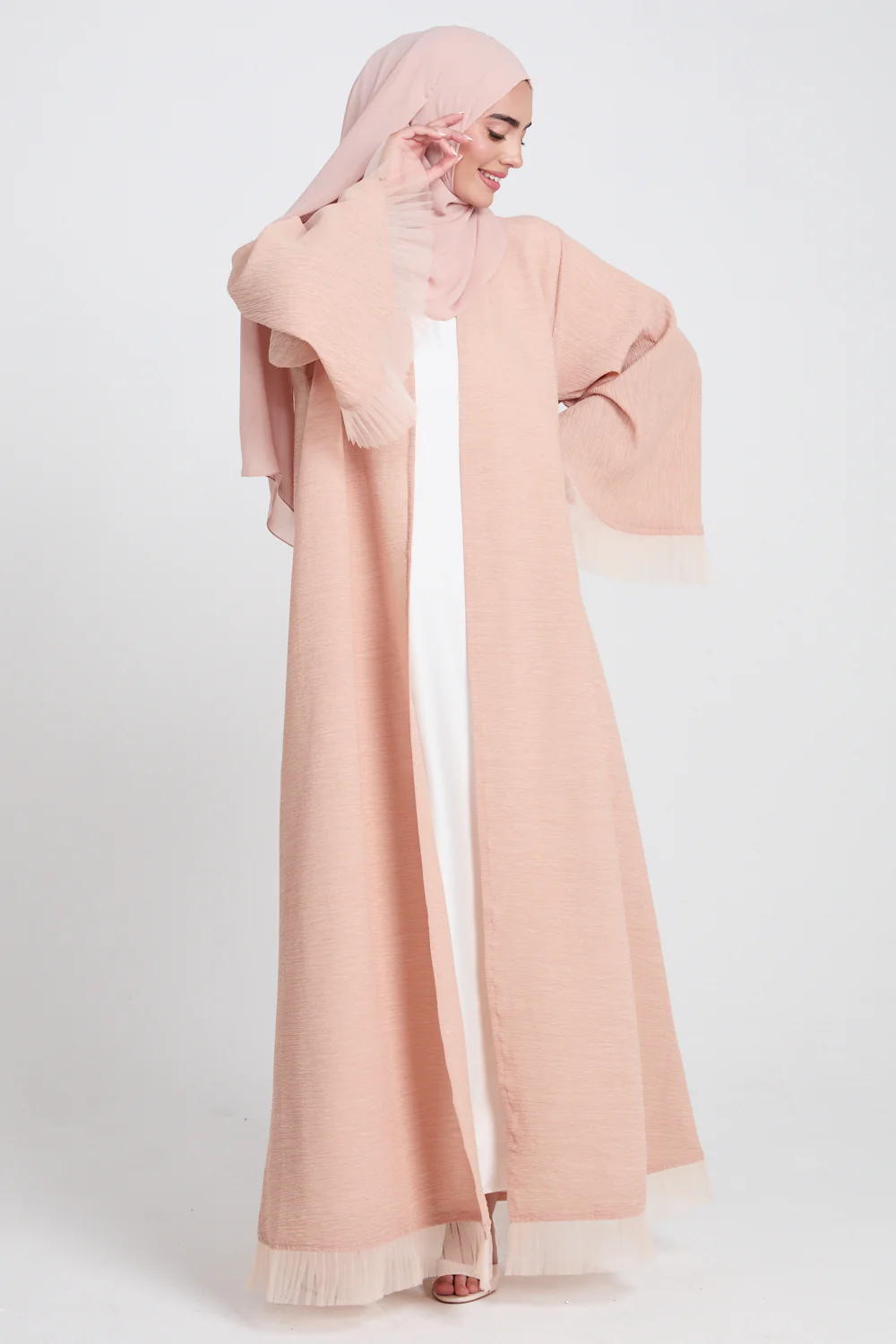 Luxury Textured Open Abaya with Tulle Lace Detailing - Peach Blossom - Image 3