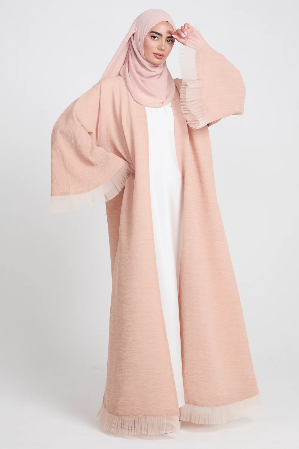 Luxury Textured Open Abaya with Tulle Lace Detailing - Peach Blossom - Image 4