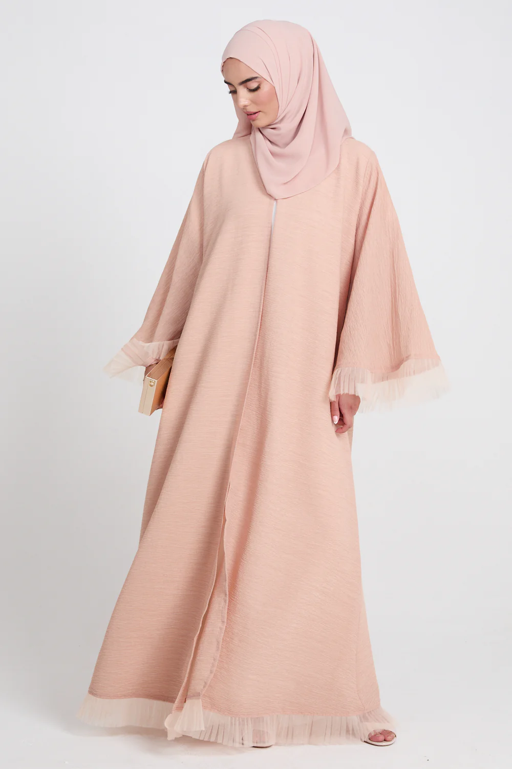 Luxury Textured Open Abaya with Tulle Lace Detailing - Peach Blossom - Image 5