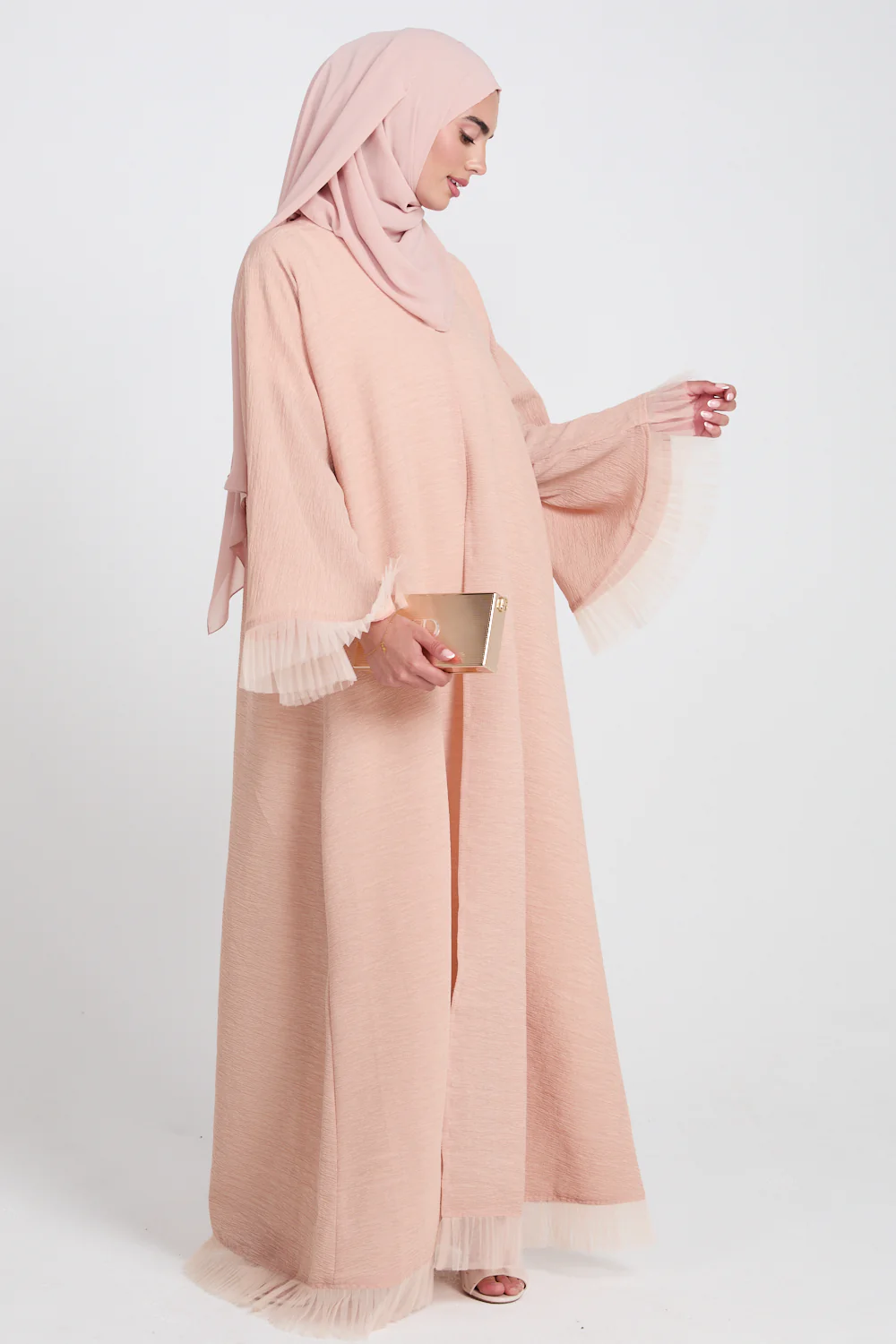 Luxury Textured Open Abaya with Tulle Lace Detailing - Peach Blossom - Image 6