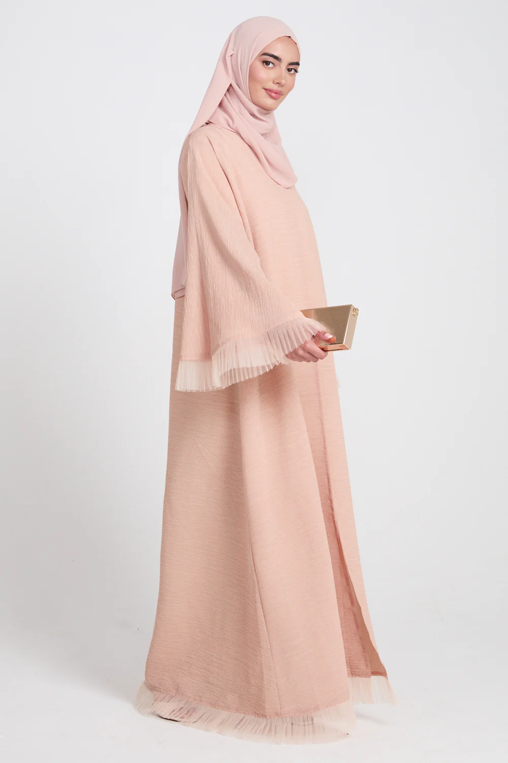 Luxury Textured Open Abaya with Tulle Lace Detailing - Peach Blossom - Image 7