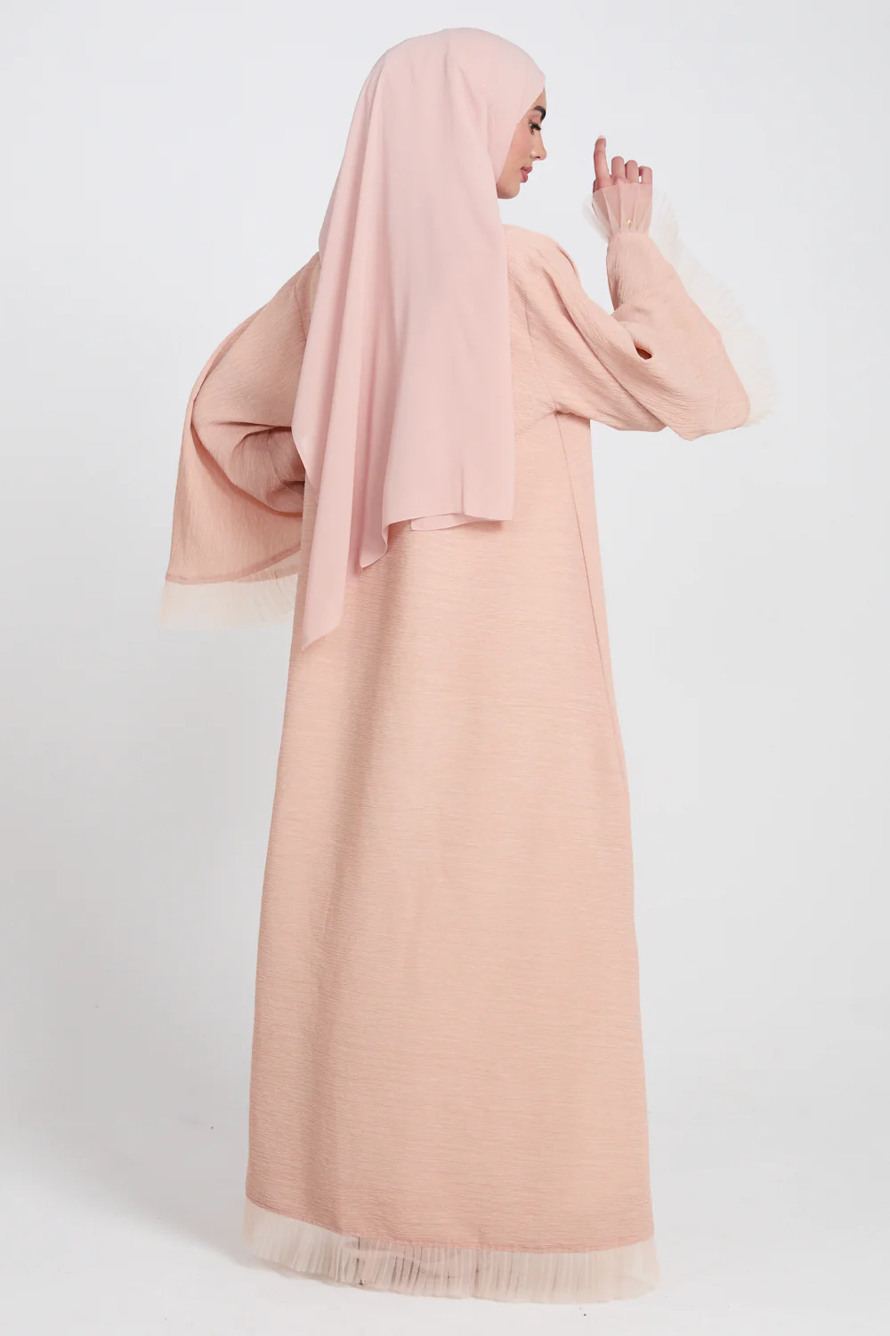 Luxury Textured Open Abaya with Tulle Lace Detailing - Peach Blossom - Image 8