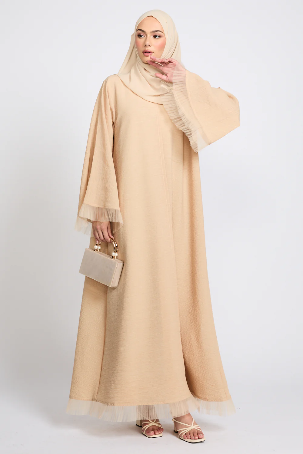 Luxury Textured Open Abaya with Tulle Lace Detailing - Warm Nude