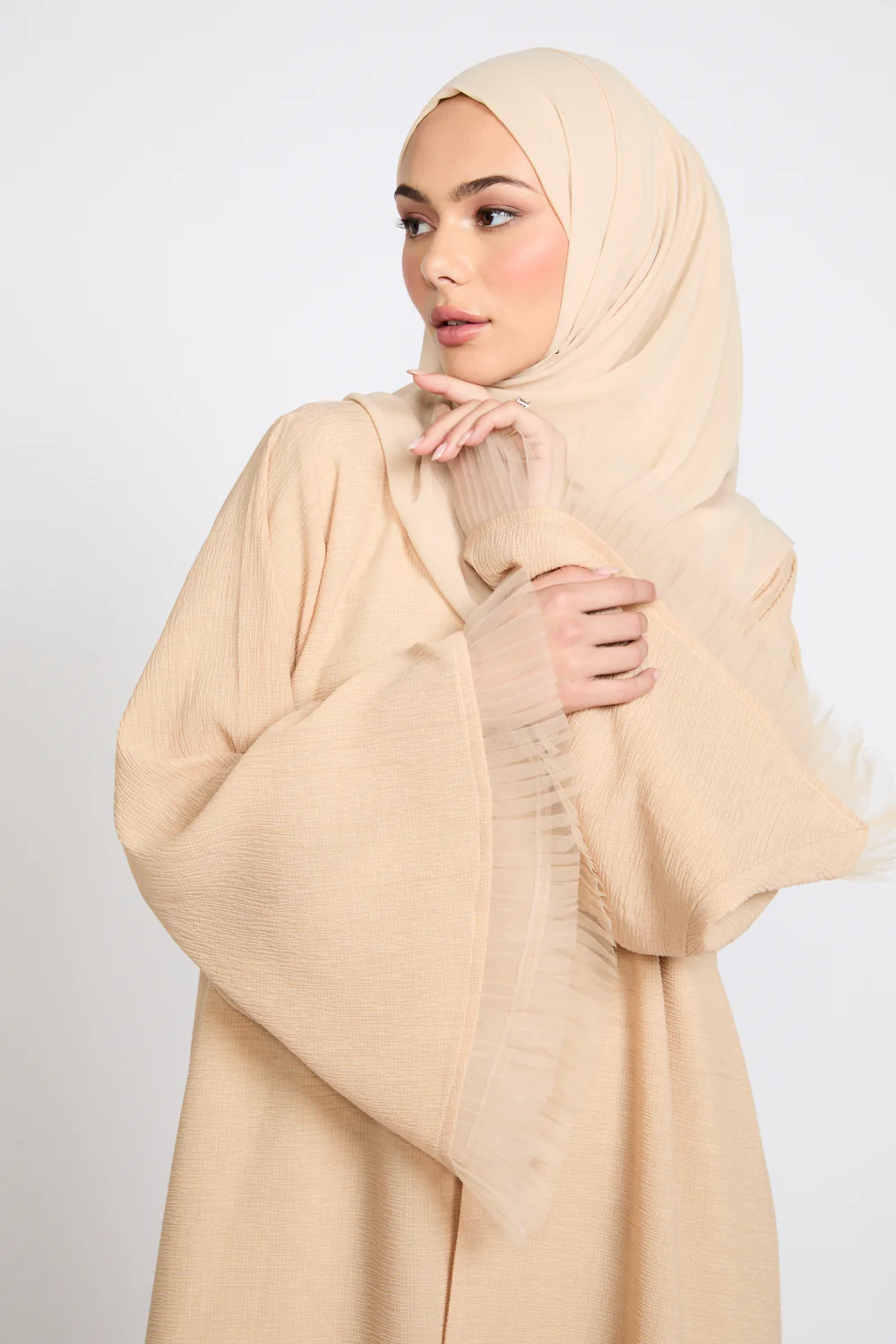 Luxury Textured Open Abaya with Tulle Lace Detailing - Warm Nude - Image 2