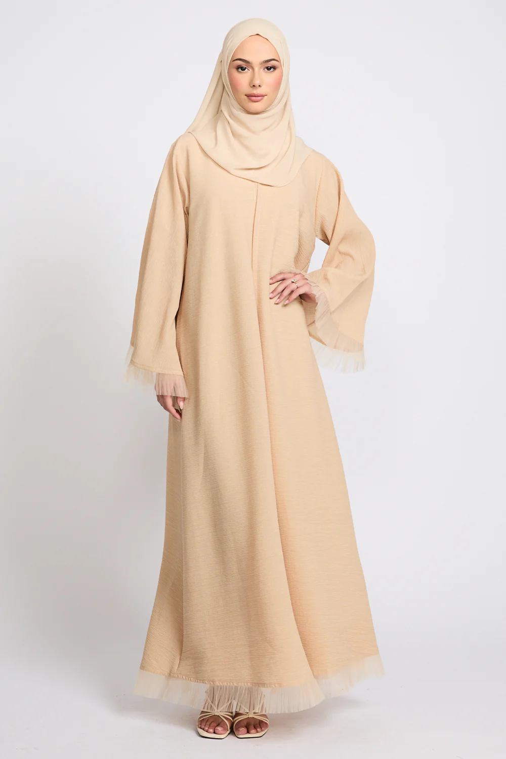 Luxury Textured Open Abaya with Tulle Lace Detailing - Warm Nude - Image 3