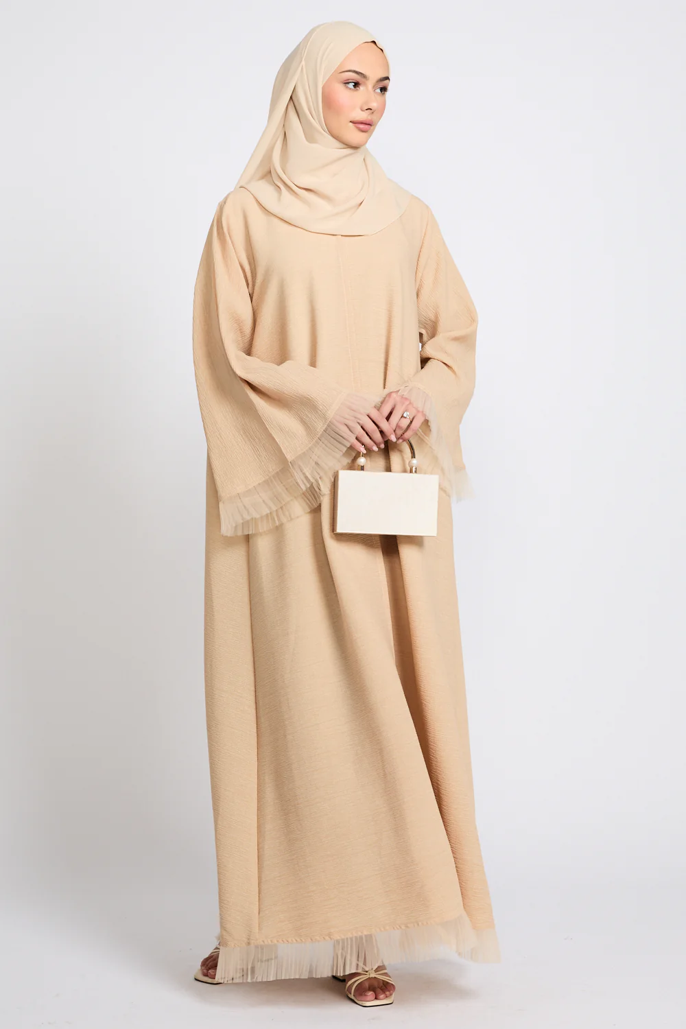 Luxury Textured Open Abaya with Tulle Lace Detailing - Warm Nude - Image 4