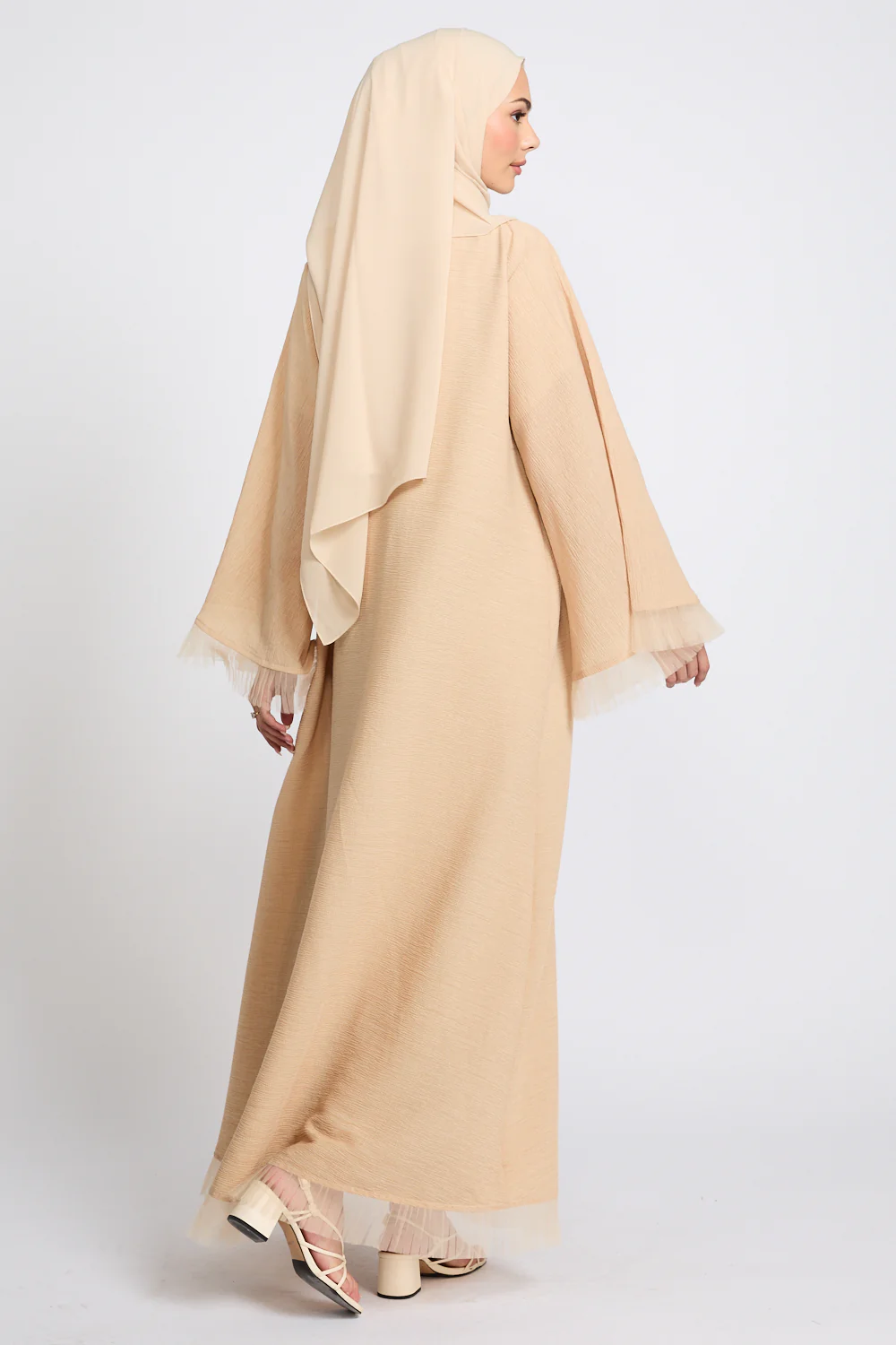 Luxury Textured Open Abaya with Tulle Lace Detailing - Warm Nude - Image 5