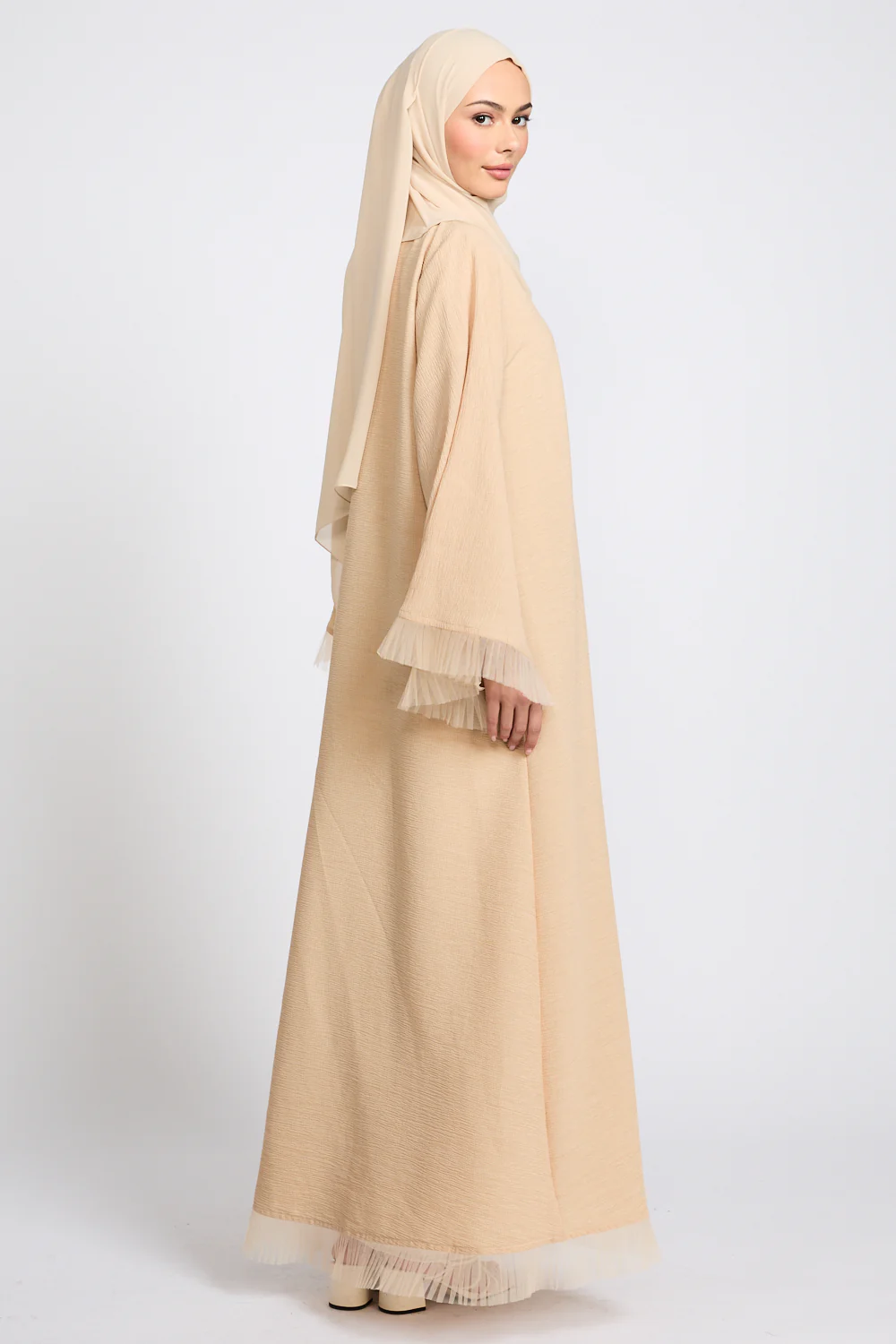 Luxury Textured Open Abaya with Tulle Lace Detailing - Warm Nude - Image 6