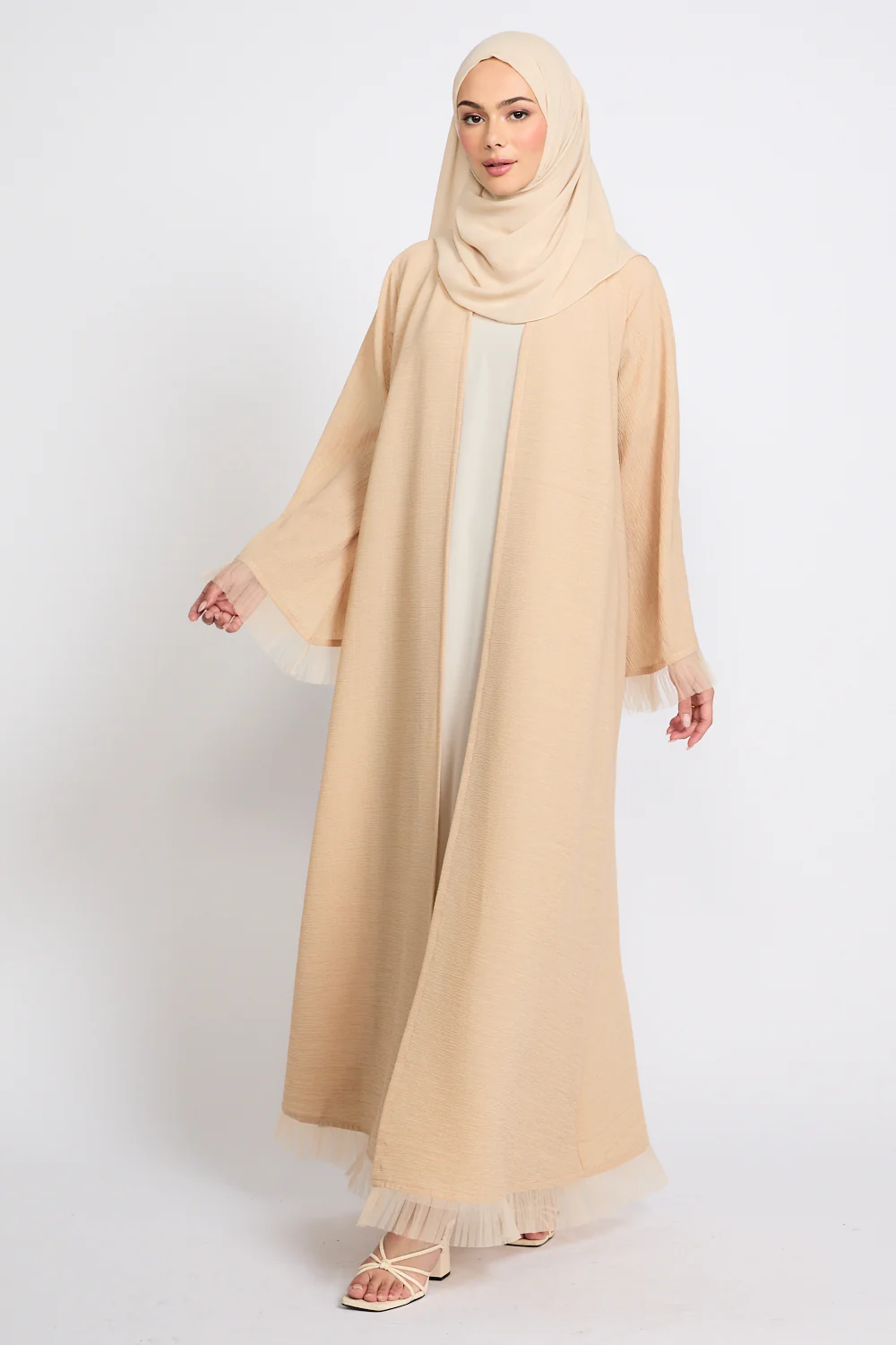 Luxury Textured Open Abaya with Tulle Lace Detailing - Warm Nude - Image 7