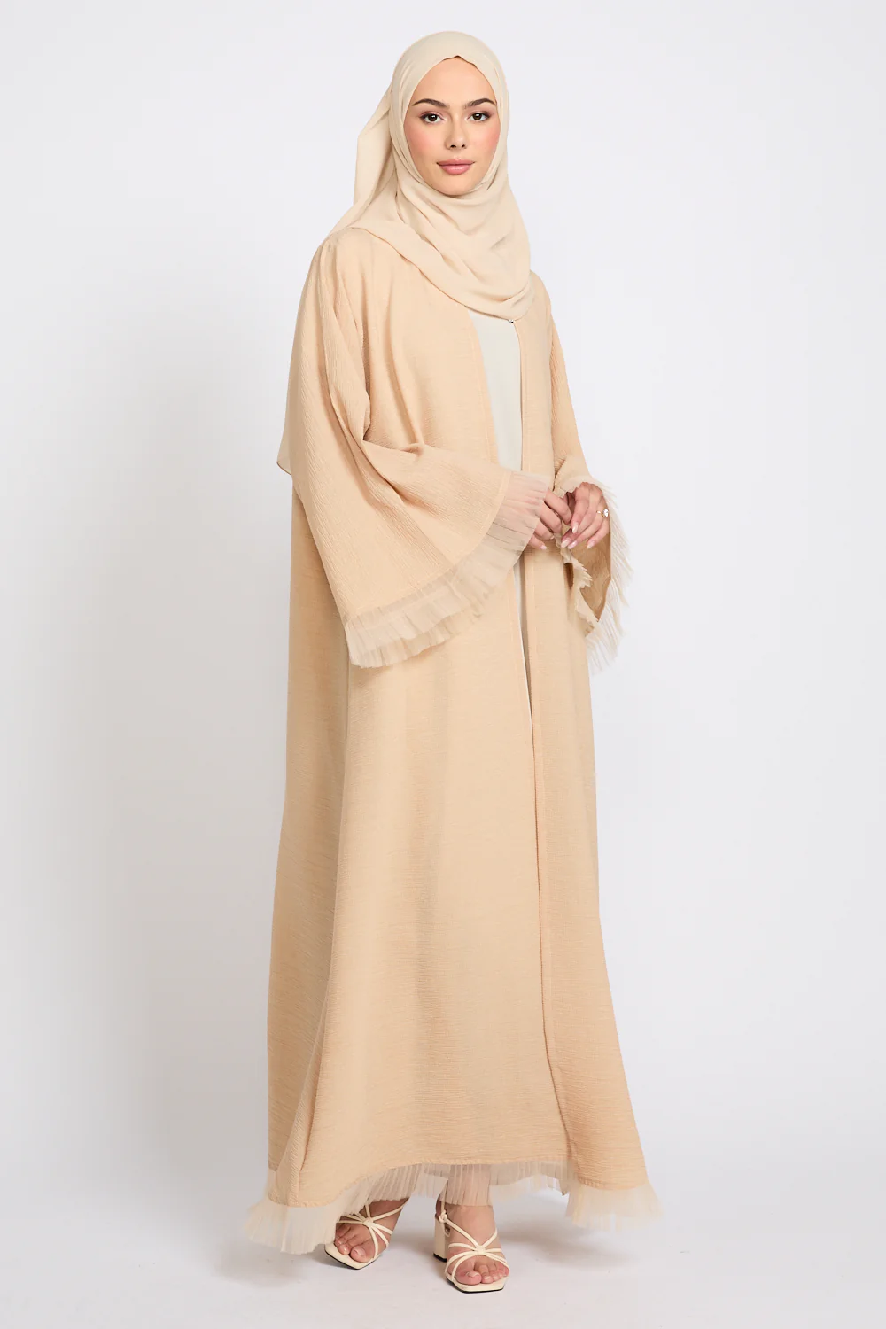Luxury Textured Open Abaya with Tulle Lace Detailing - Warm Nude - Image 8
